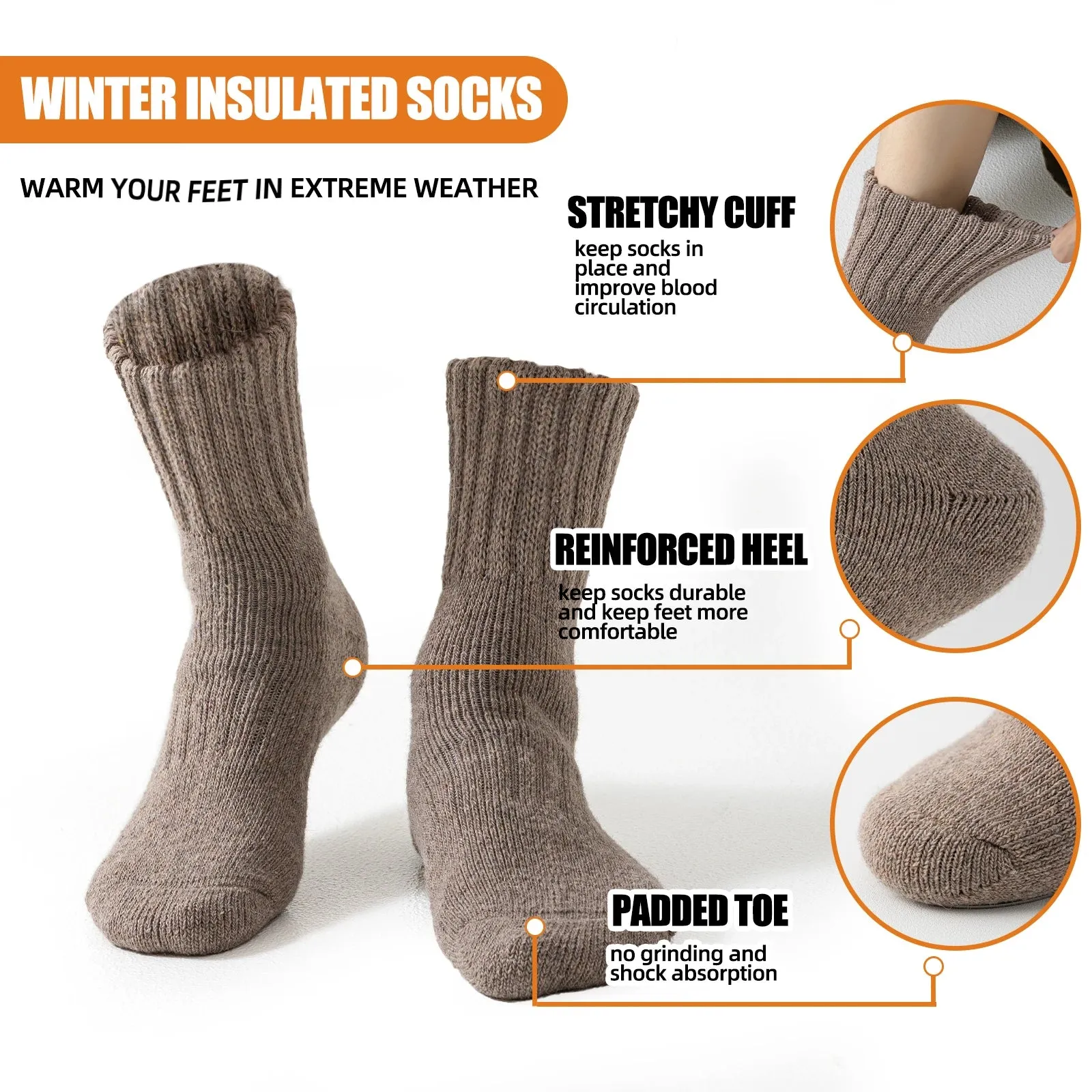 3 Pairs Merino Wool Winter Socks for Men & Women - Cashmere Blend Thick Knit Boot Socks, Warm & Cold-Resistant, Unisex Stockings