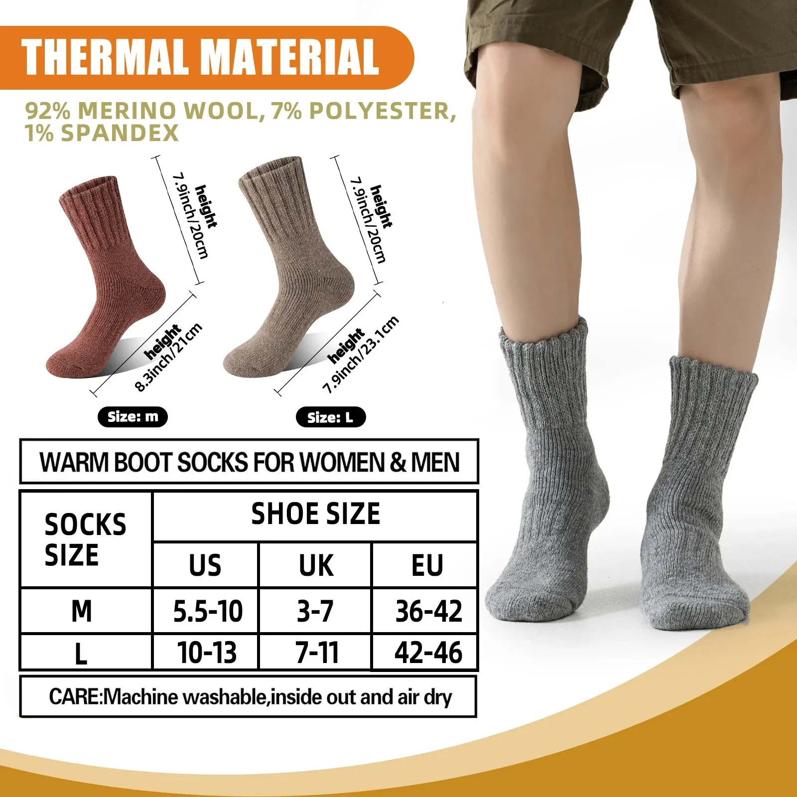 3 Pairs Merino Wool Winter Socks for Men & Women - Cashmere Blend Thick Knit Boot Socks, Warm & Cold-Resistant, Unisex Stockings