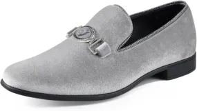 Amali Velvet Slip-On Dress Loafers for Men with Lion Head Piece, Men's Formal Smoking Tuxedo Slippers, Loafer Shoes with Metal Chain Detail