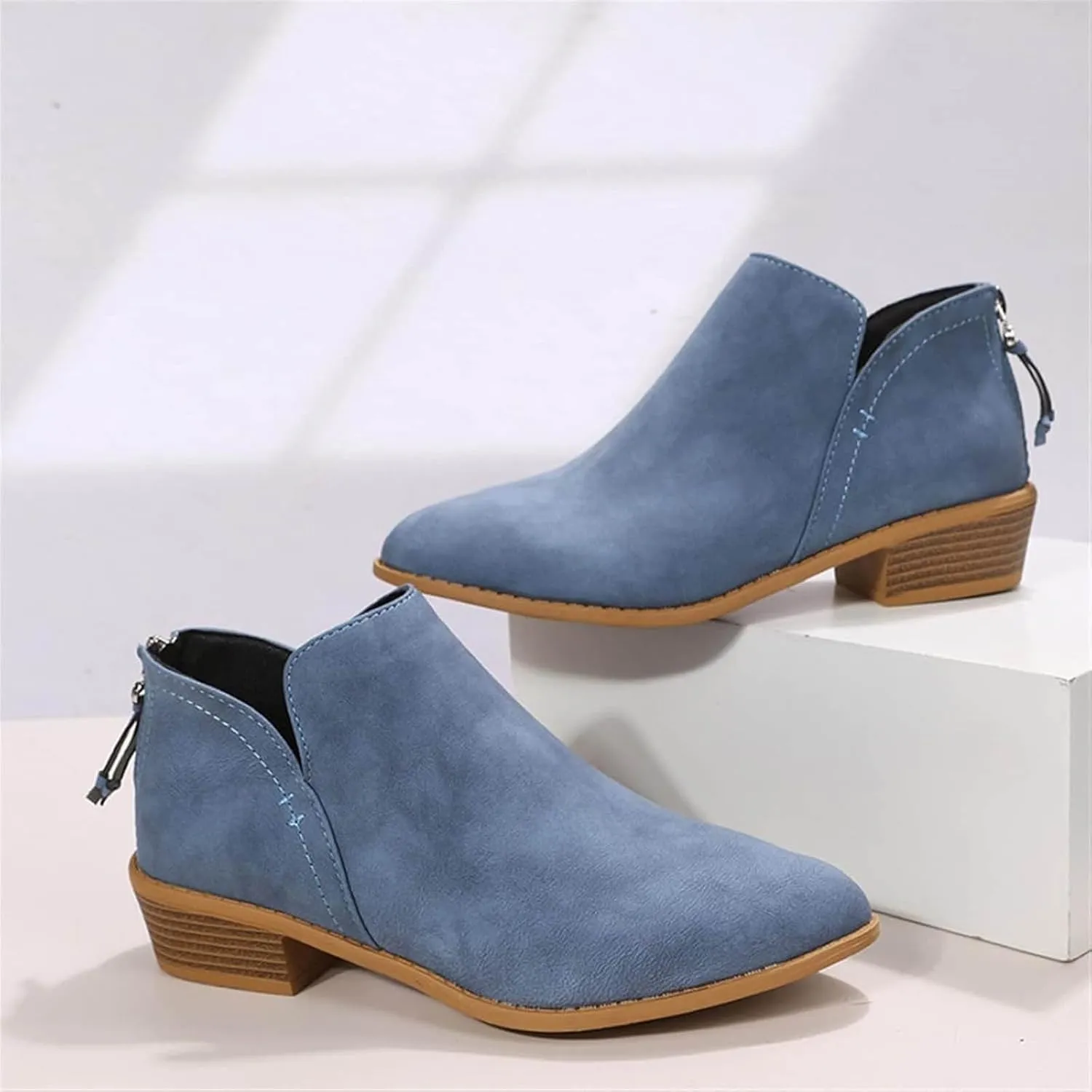 Ankle Boots for Women Low Heel Chunky Heel Boots Women's Fashion Color Matching Fall Winter Side Zipper Short Boots