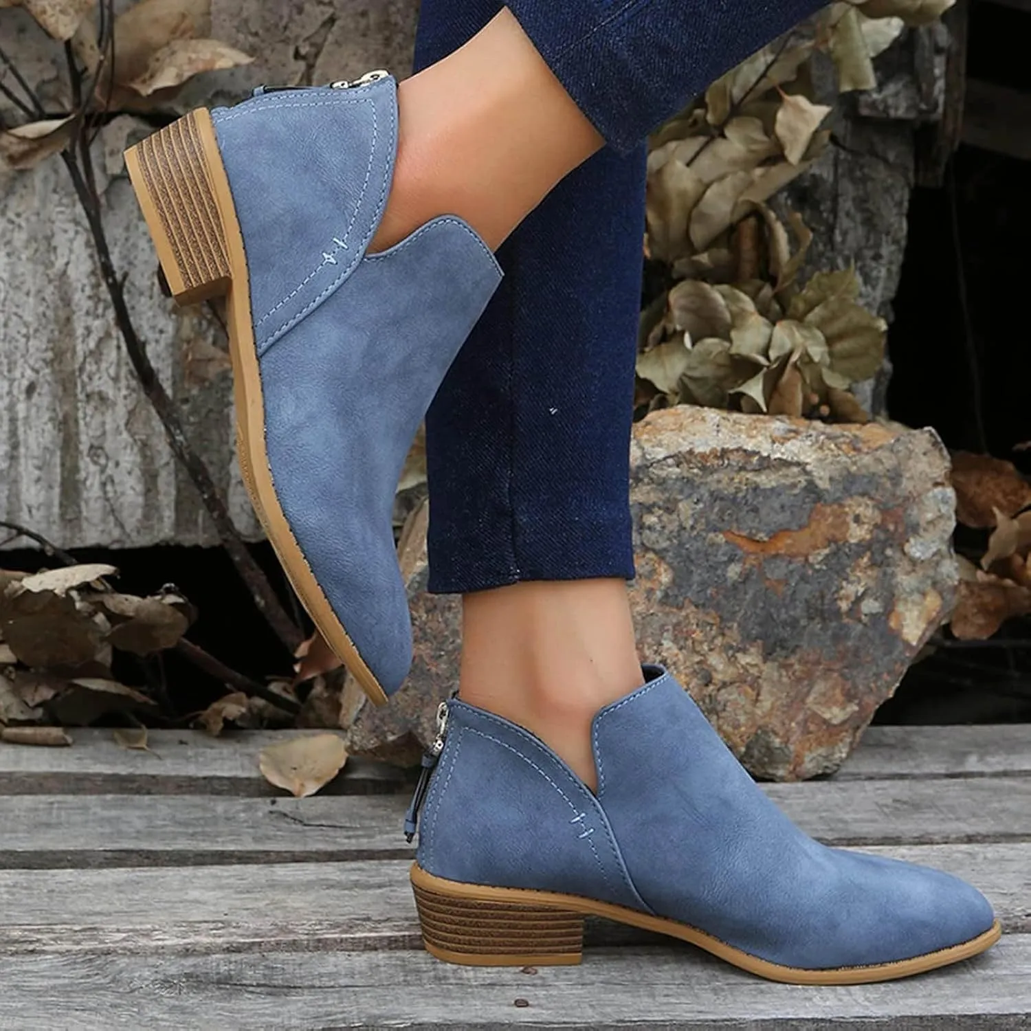 Ankle Boots for Women Low Heel Chunky Heel Boots Women's Fashion Color Matching Fall Winter Side Zipper Short Boots