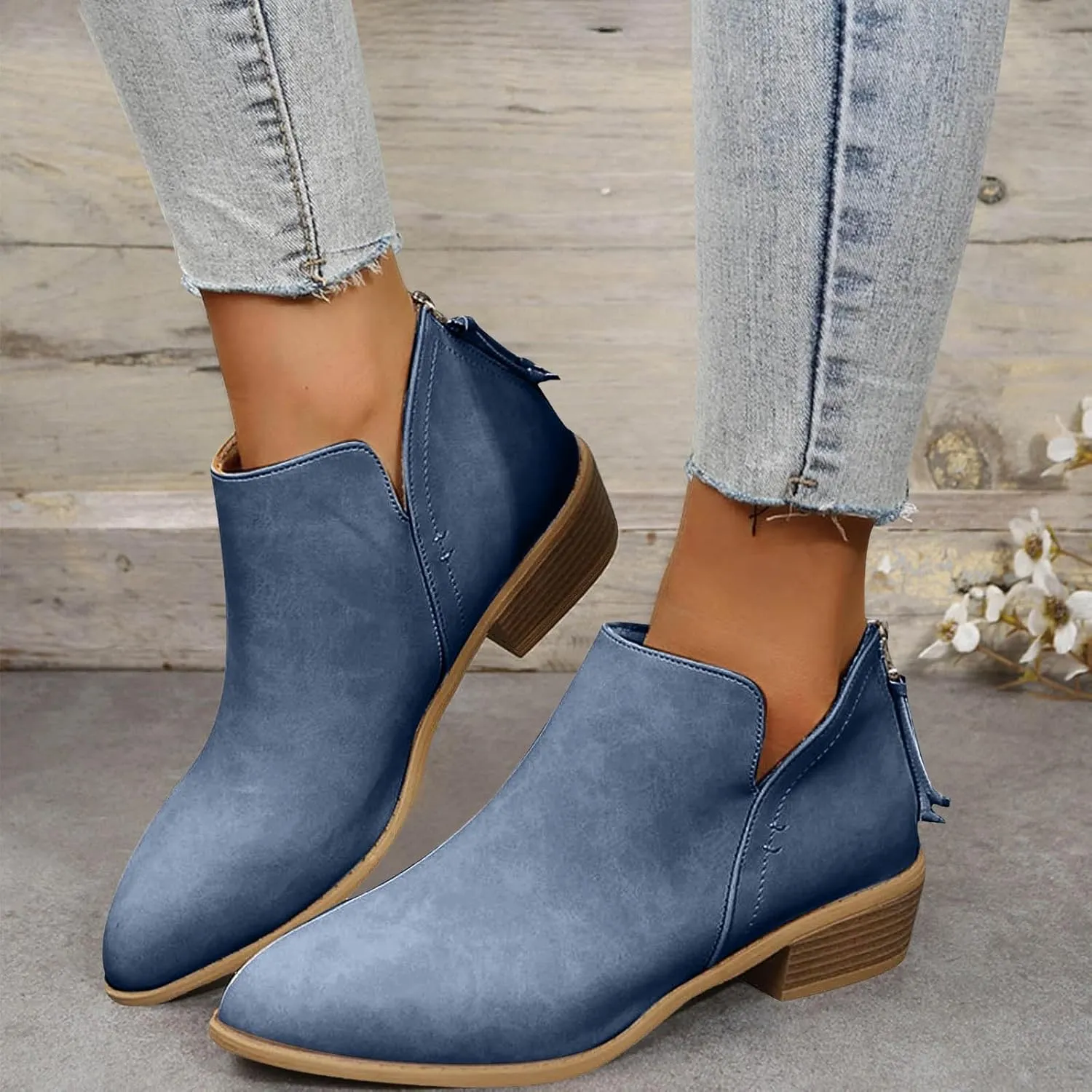 Ankle Boots for Women Low Heel Chunky Heel Boots Women's Fashion Color Matching Fall Winter Side Zipper Short Boots