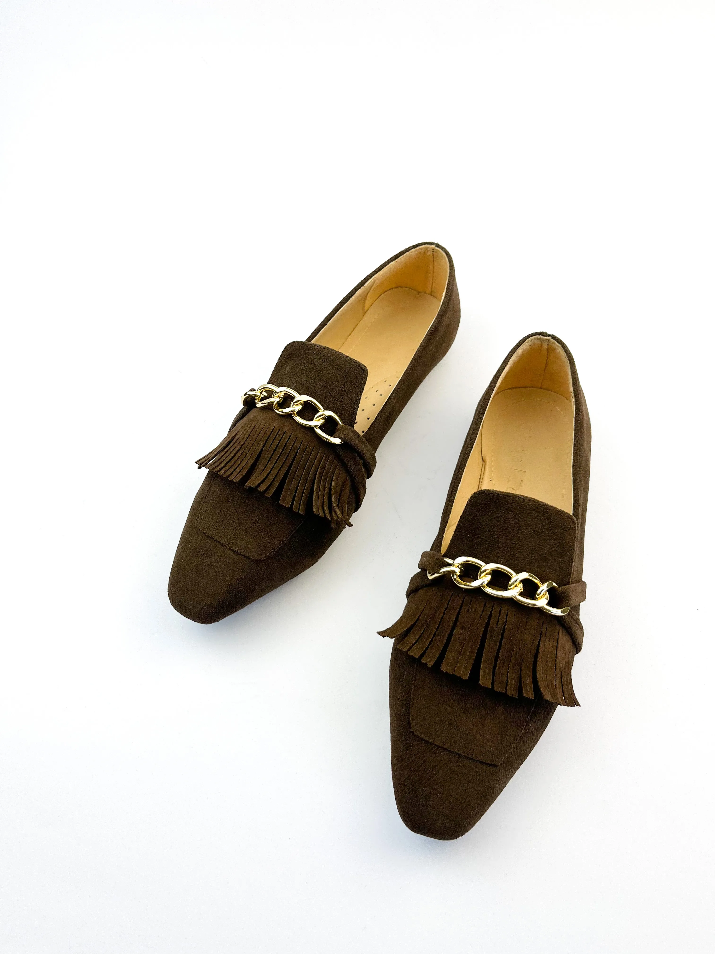 Brown Daniela Fringed X Gold Chain Loafers