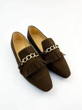 Brown Daniela Fringed X Gold Chain Loafers