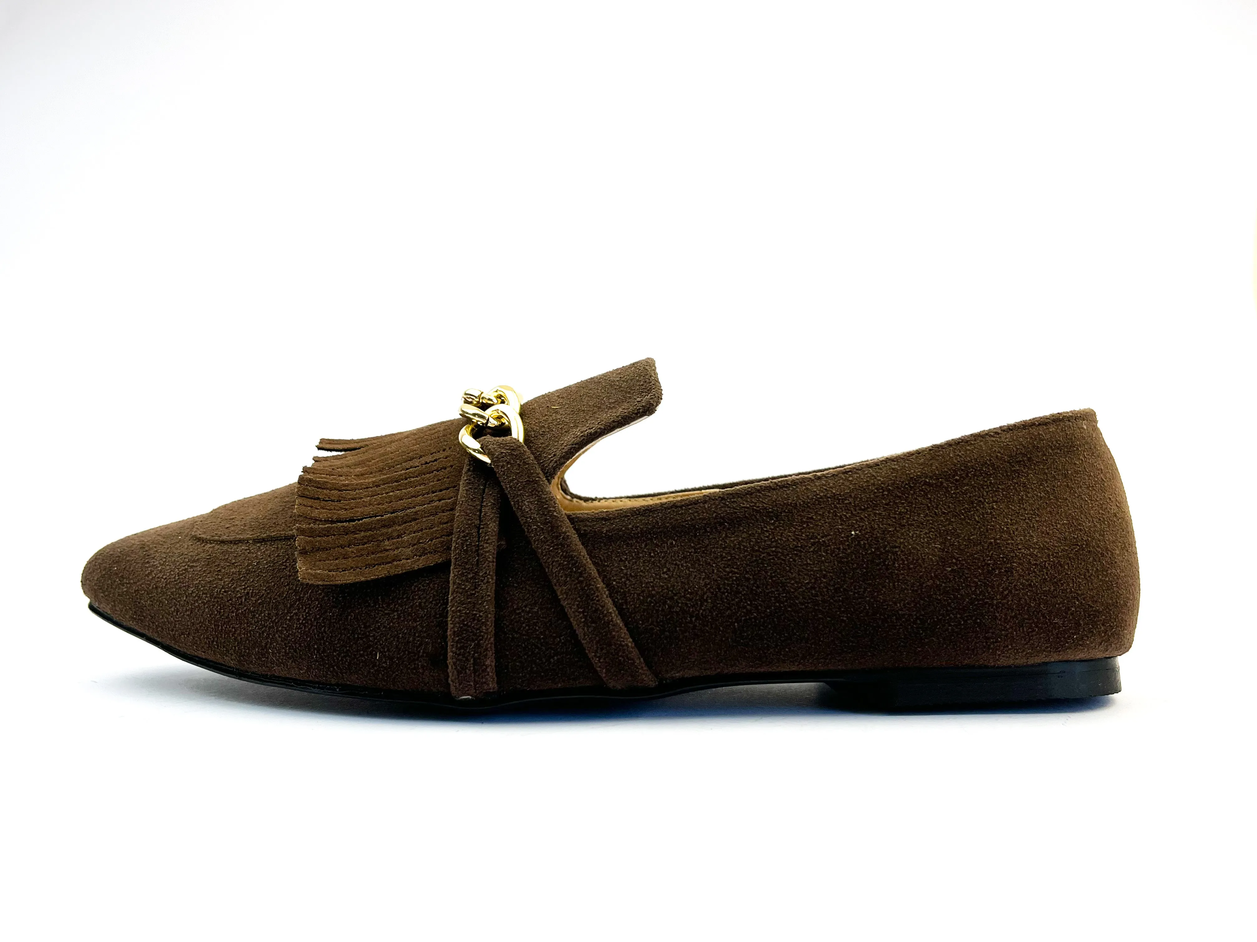 Brown Daniela Fringed X Gold Chain Loafers