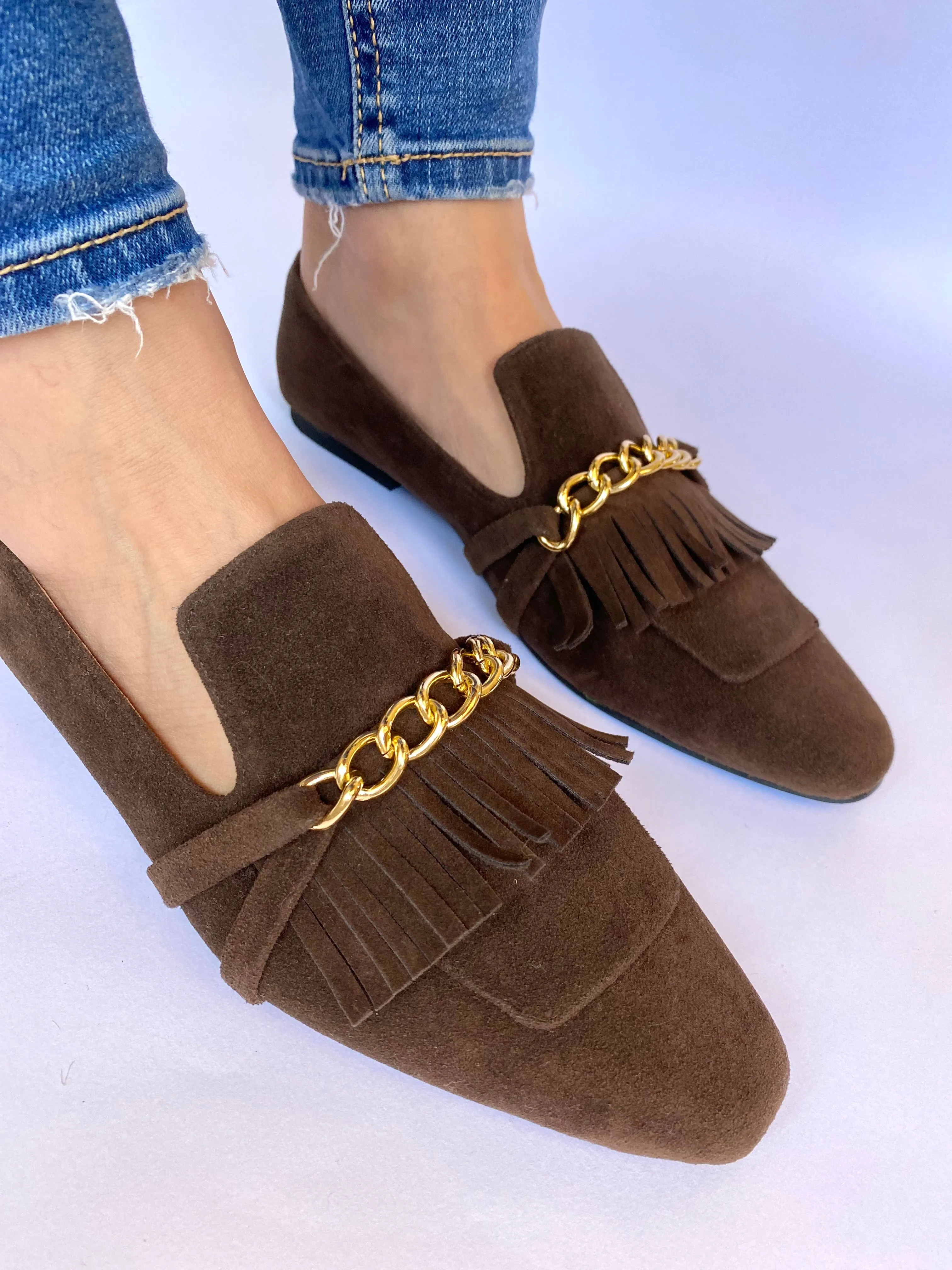 Brown Daniela Fringed X Gold Chain Loafers