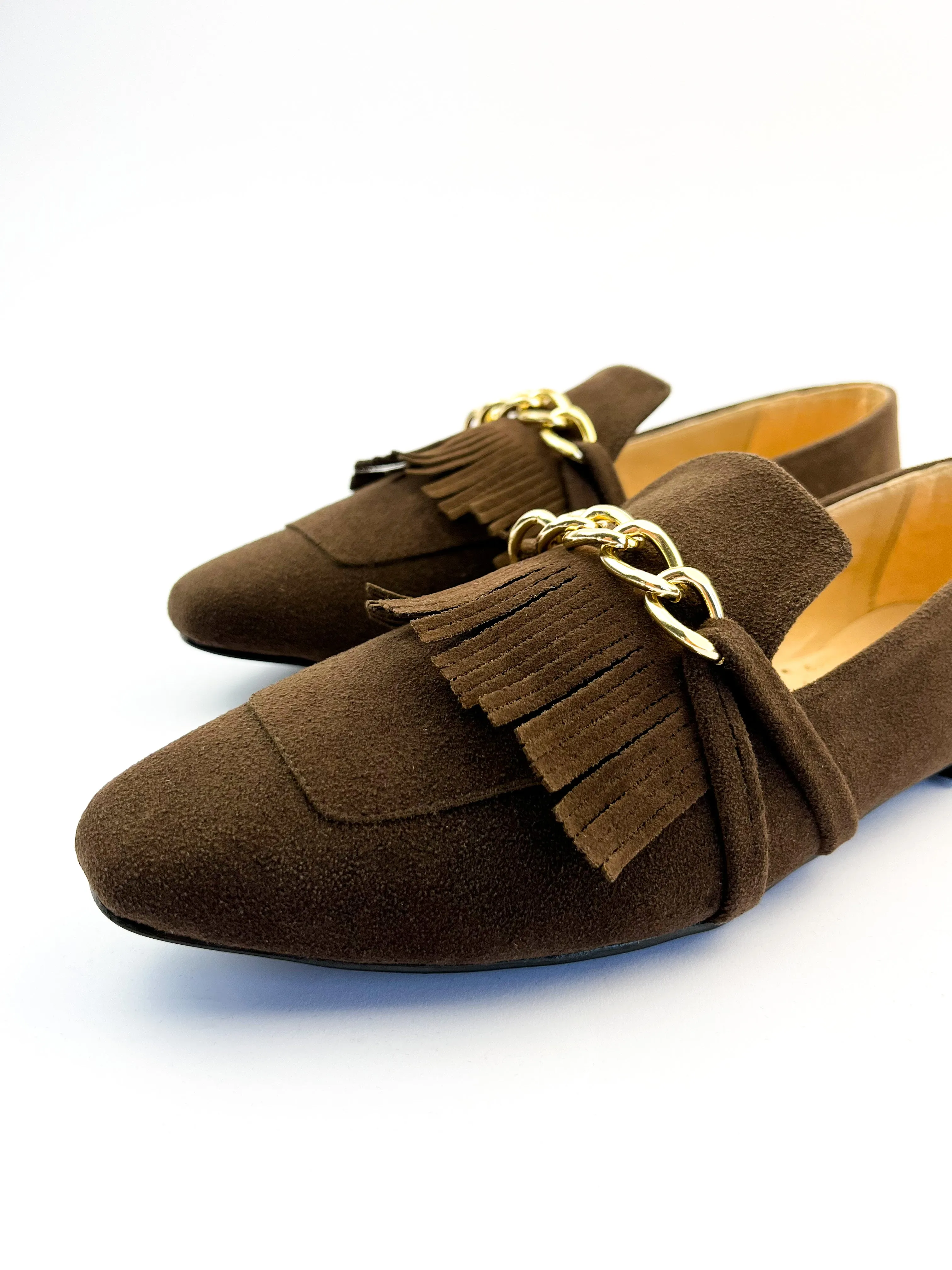 Brown Daniela Fringed X Gold Chain Loafers