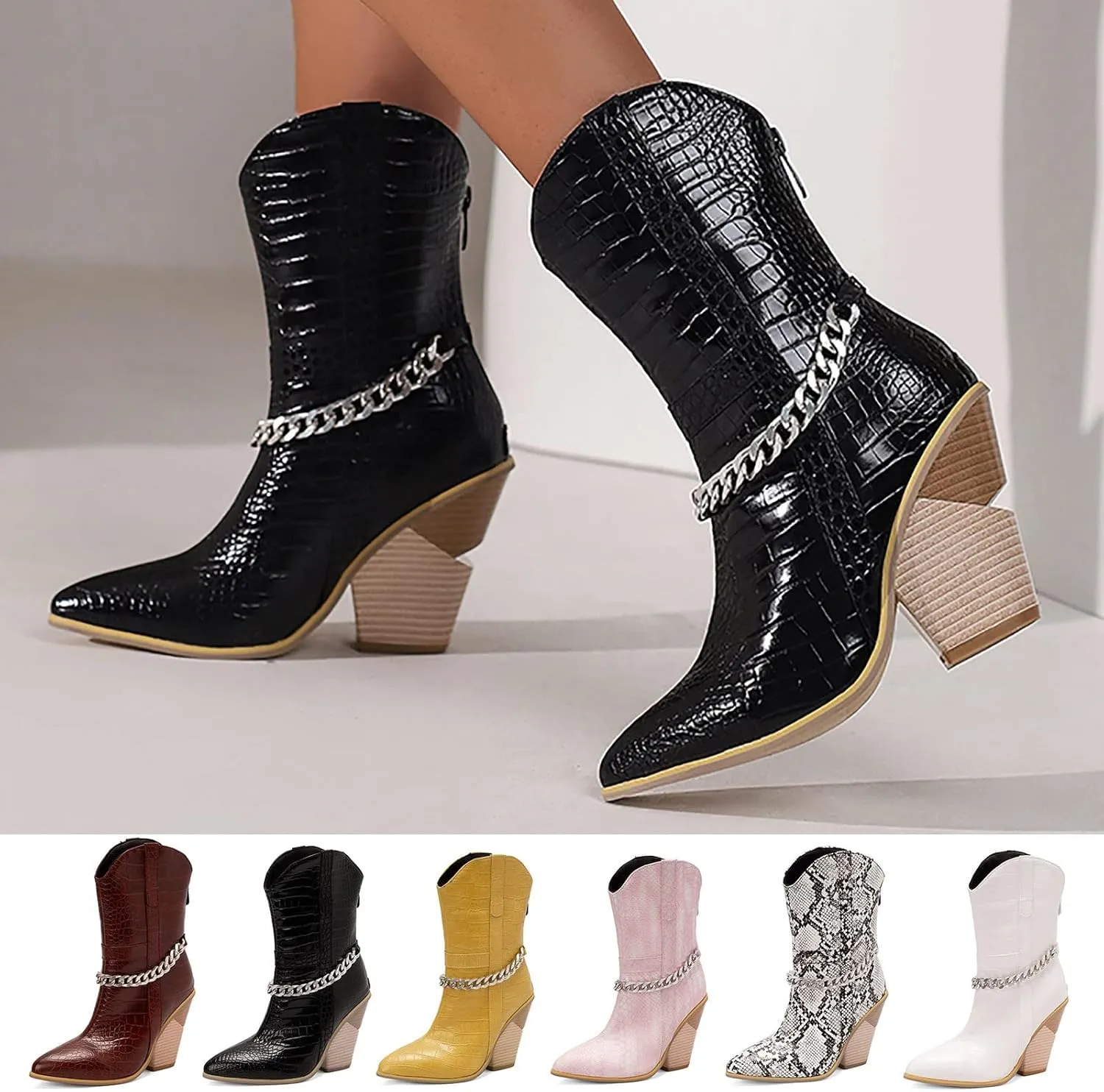 Cowboy Boots for Women Ankle Boots for Women Dressy Comfortable Retro Pointed Toe Chunky Heel Western Mid Calf Boots