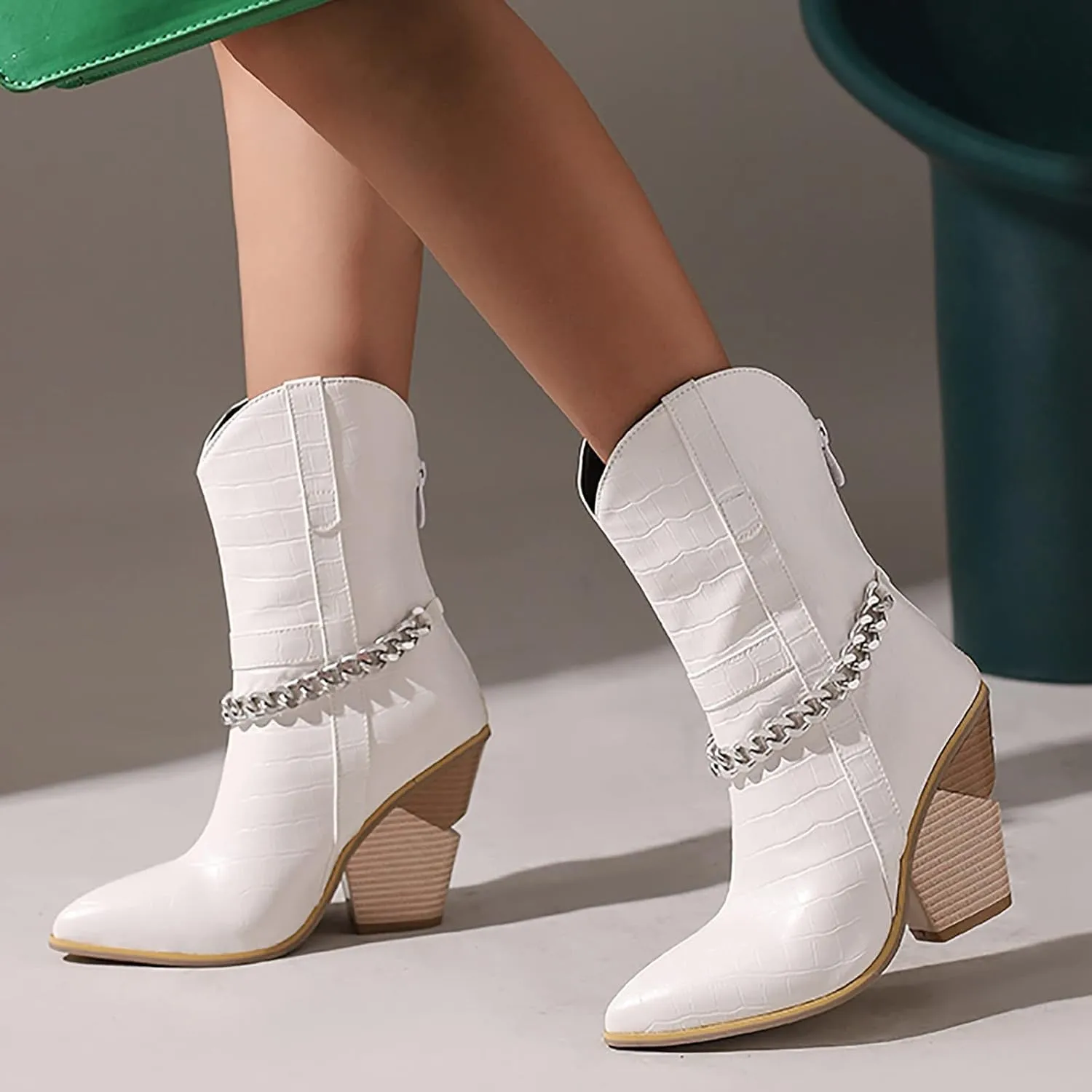 Cowboy Boots for Women Ankle Boots for Women Dressy Comfortable Retro Pointed Toe Chunky Heel Western Mid Calf Boots