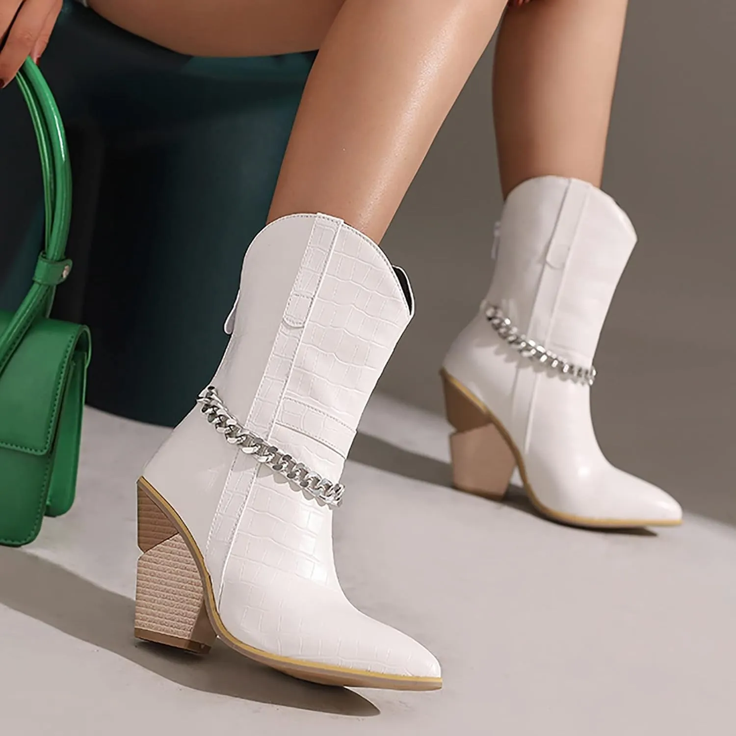 Cowboy Boots for Women Ankle Boots for Women Dressy Comfortable Retro Pointed Toe Chunky Heel Western Mid Calf Boots