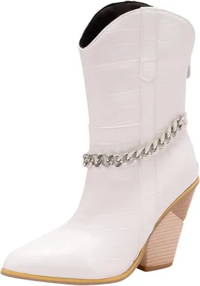 Cowboy Boots for Women Ankle Boots for Women Dressy Comfortable Retro Pointed Toe Chunky Heel Western Mid Calf Boots