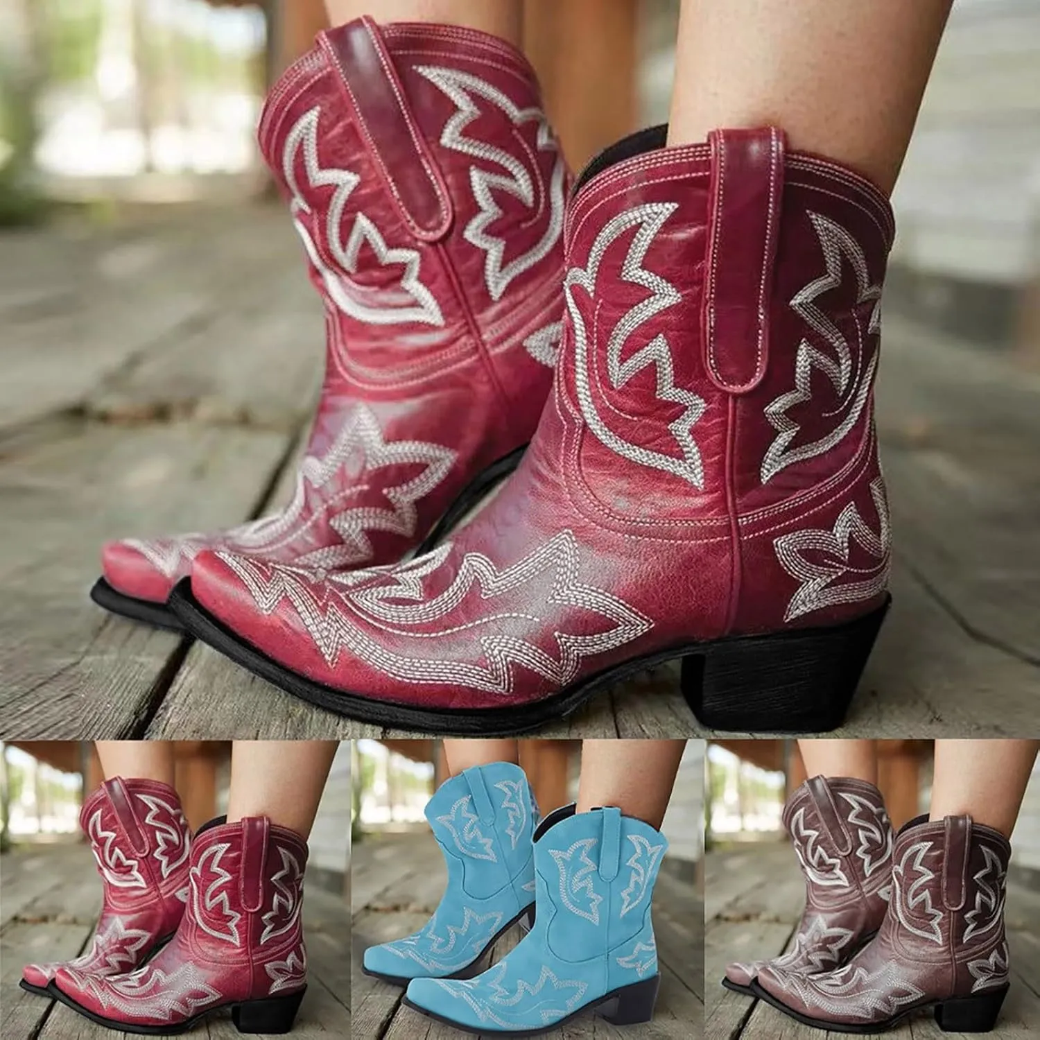 Cowboy Boots for Women Cowgirl Boots for Women Women's Mid Calf Embroidered Western Fashion Chunky Heel Pull on Boots