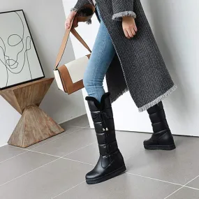 HINDOLA Women's Winter Warm Knee High Down Snow Boots Fur Lined Waterproof Cross-Tied Hidden Wedges Platform Boots