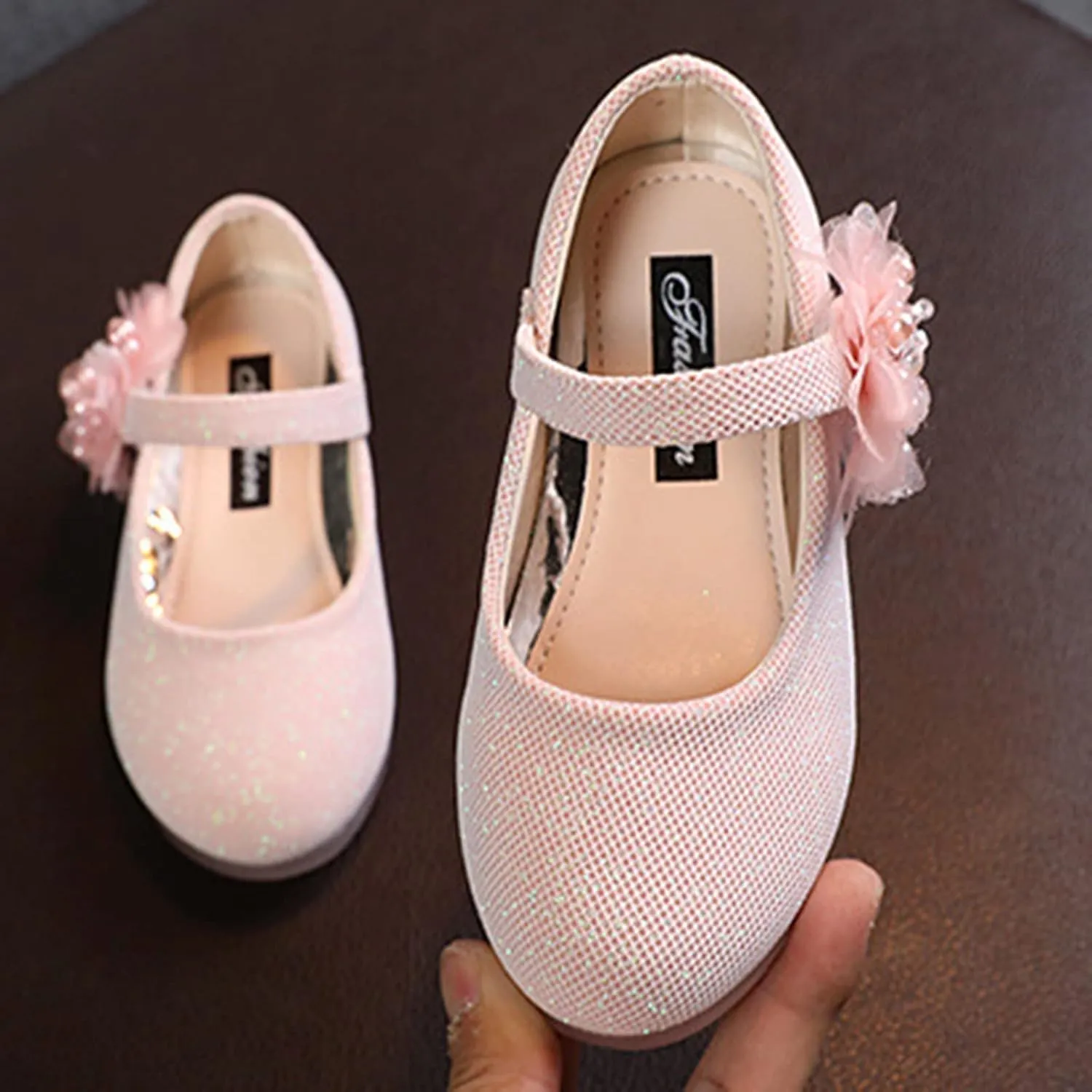 Kids Children Leather Single Shoes Fashion Pearl Big Flower Decorate Small Grid Style Loafers Princess Shoes