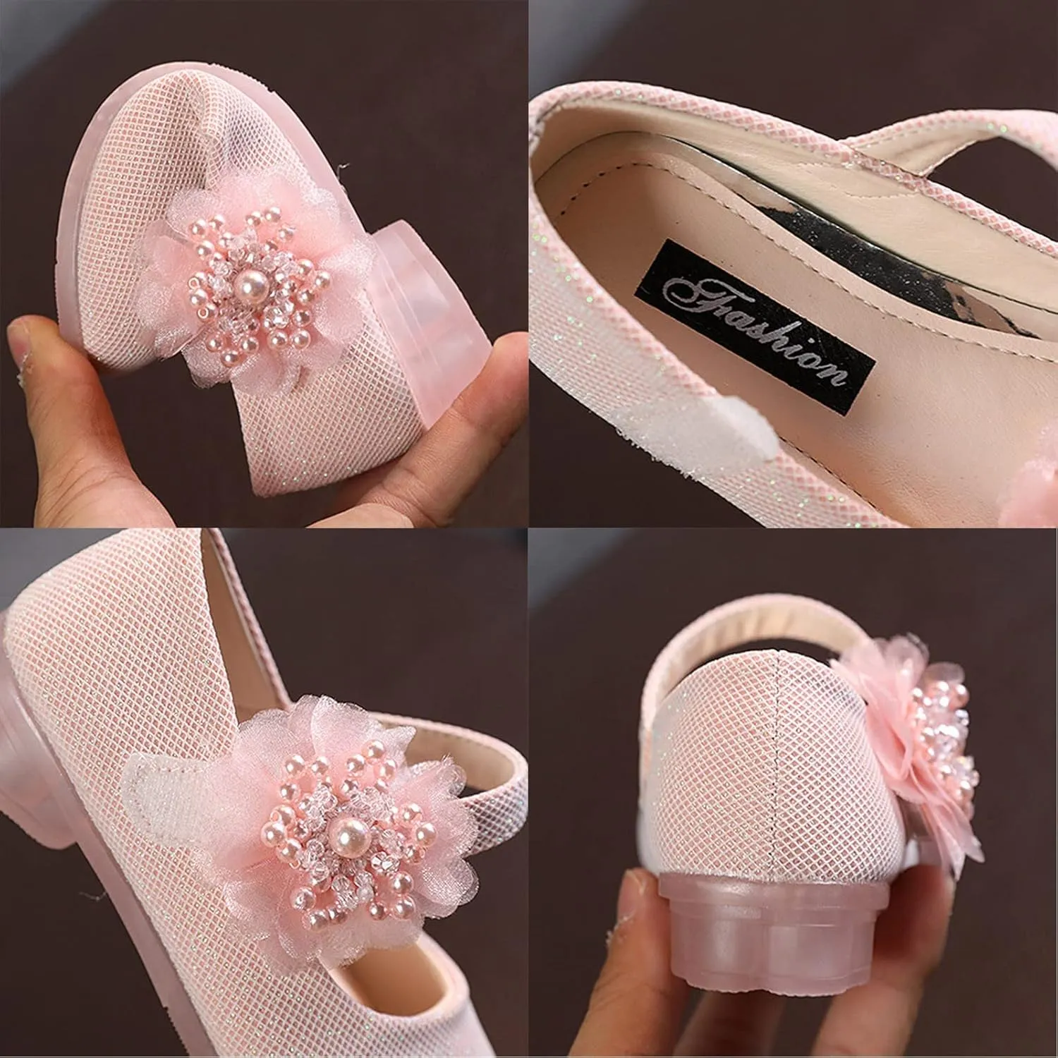 Kids Children Leather Single Shoes Fashion Pearl Big Flower Decorate Small Grid Style Loafers Princess Shoes