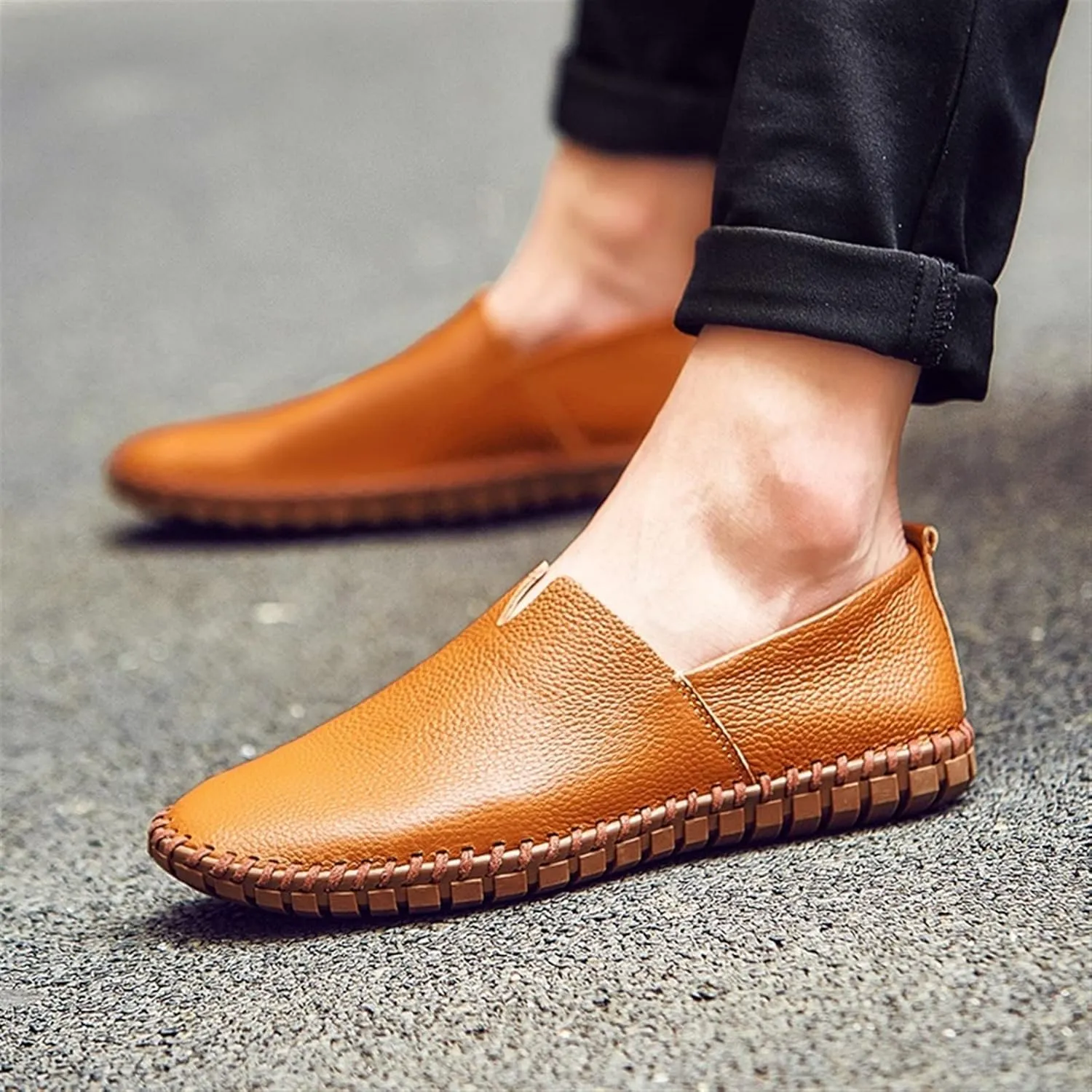Mens Loafers Cowhide Stitching Details Round Toe Flexible Lightweight Anti-Slip Casual Slip-ons (Color : Brown, Size : 12.5)