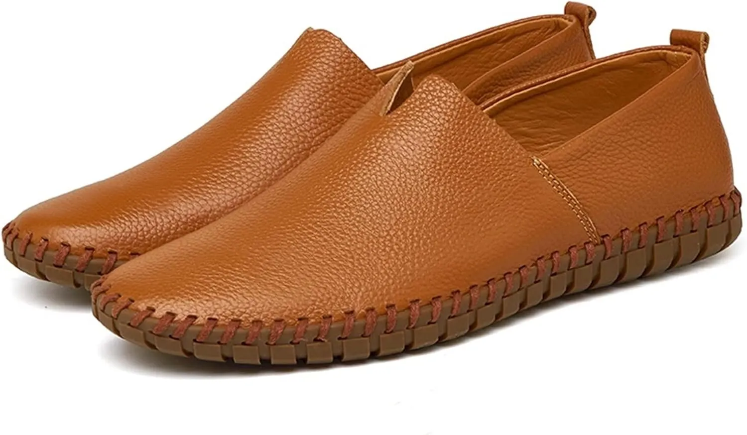 Mens Loafers Cowhide Stitching Details Round Toe Flexible Lightweight Anti-Slip Casual Slip-ons (Color : Brown, Size : 12.5)