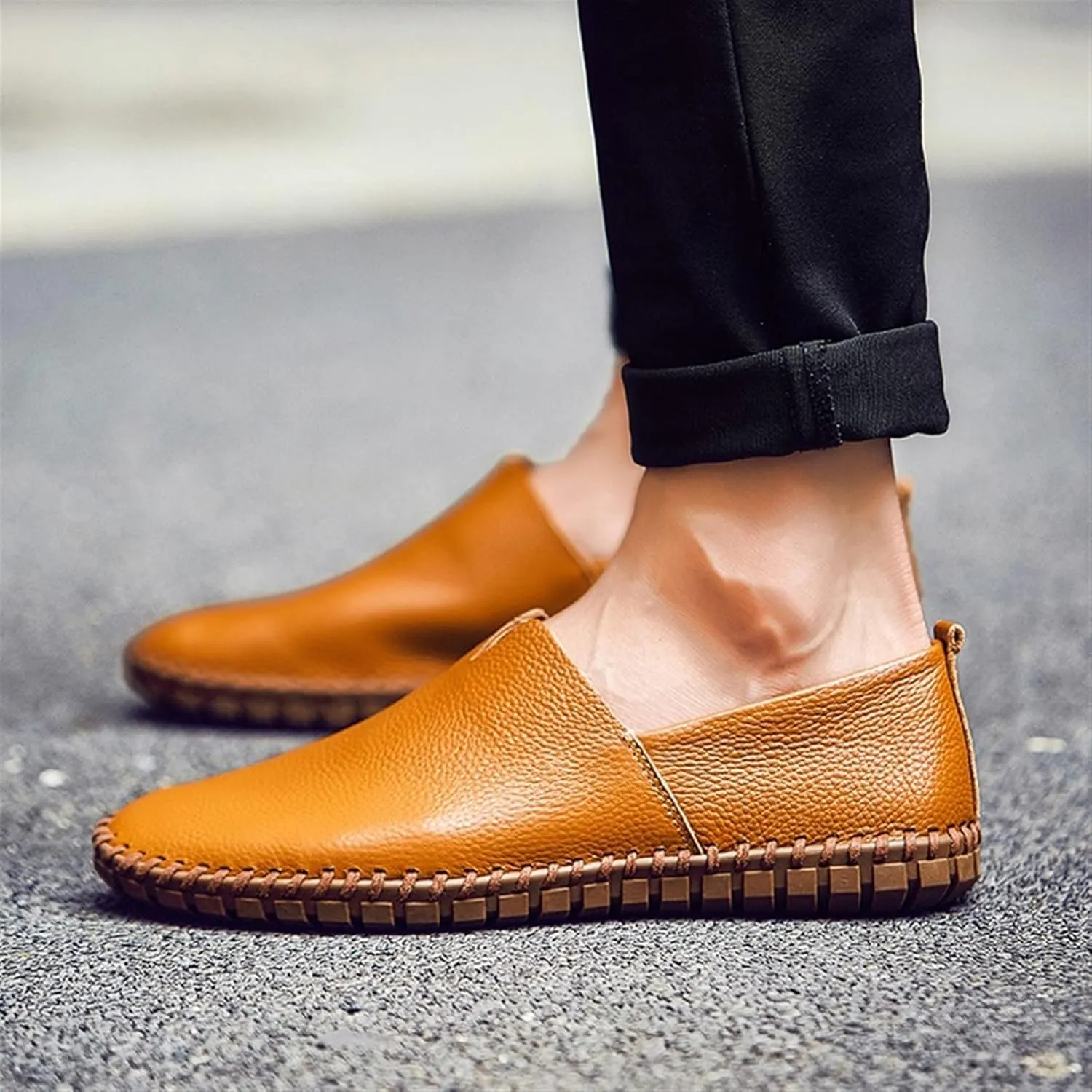 Mens Loafers Cowhide Stitching Details Round Toe Flexible Lightweight Anti-Slip Casual Slip-ons (Color : Brown, Size : 12.5)