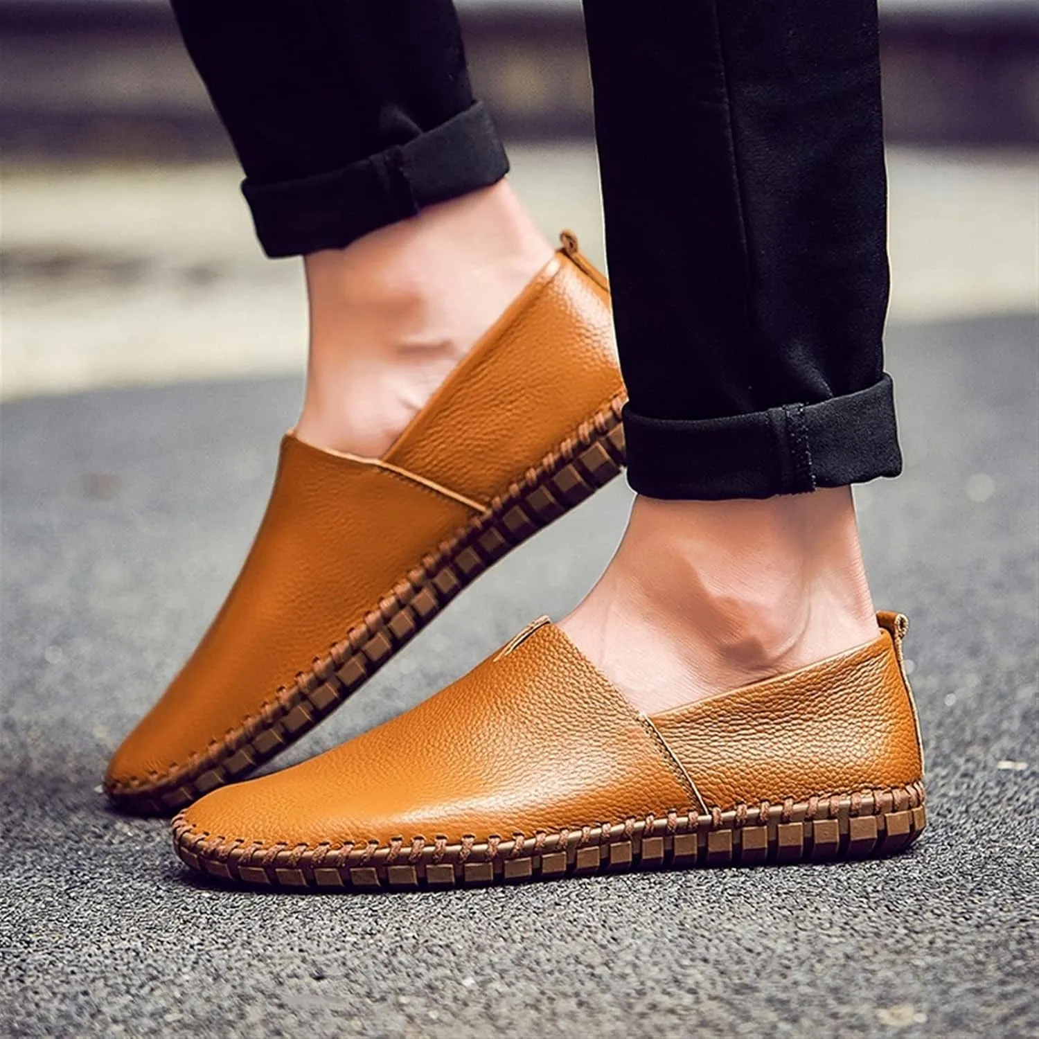 Mens Loafers Cowhide Stitching Details Round Toe Flexible Lightweight Anti-Slip Casual Slip-ons (Color : Brown, Size : 12.5)