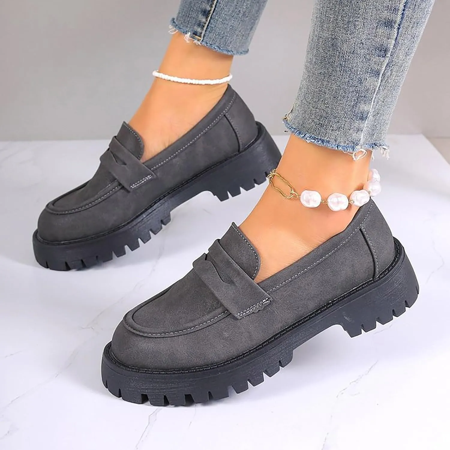 Orthoture-Orthopedic Platform Loafers, Comfort Orthopedic Shoes, Womens Round Toe Walking Shoe, Suede Penny Loafer