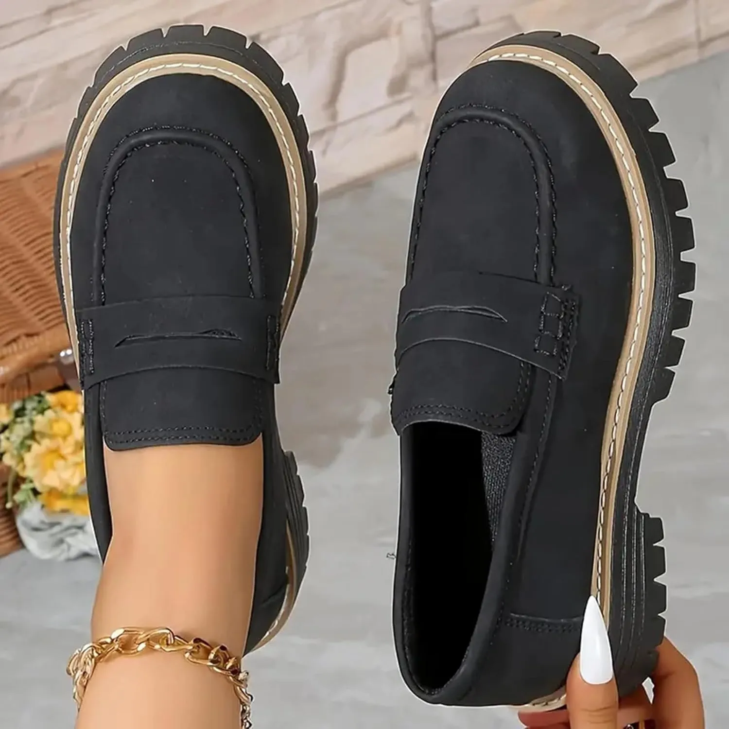 Orthoture-Orthopedic Platform Loafers, Comfort Orthopedic Shoes, Womens Round Toe Walking Shoe, Suede Penny Loafer