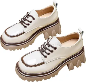 Platform Loafers for Women Chunky Heel,Slip-On Round Toe Comfort Chunky Loafer，Ladies Leather Platform Loafers