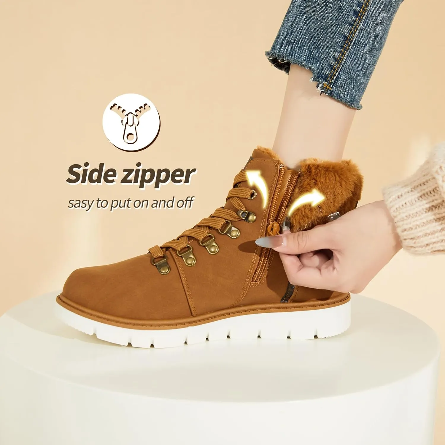 POVOGER Womens Black Combat Boots Warm Fur Lined Winter Snow Boots for Women Lace Up Side Zipper Mid-Calf Fashion Booties