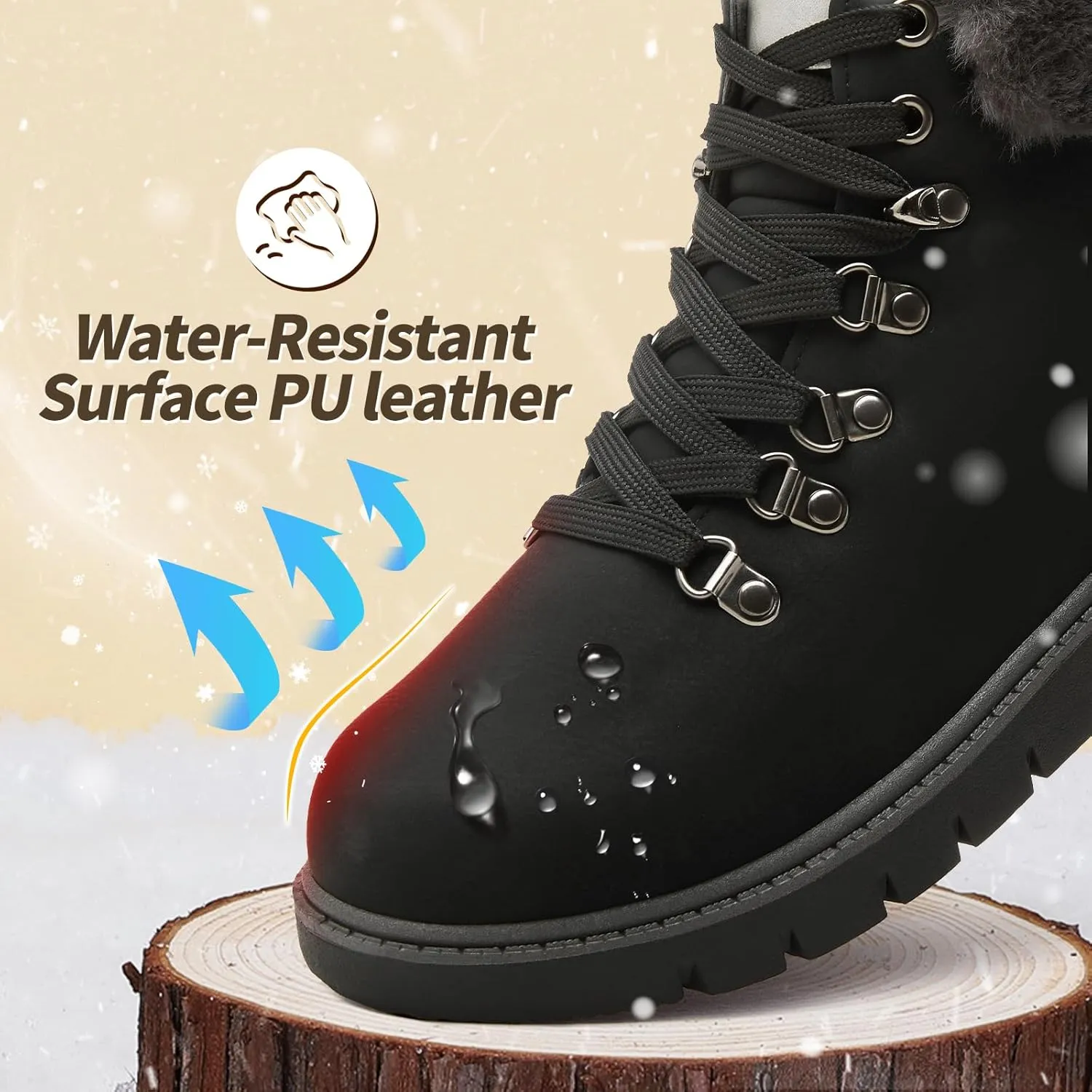 POVOGER Womens Black Combat Boots Warm Fur Lined Winter Snow Boots for Women Lace Up Side Zipper Mid-Calf Fashion Booties