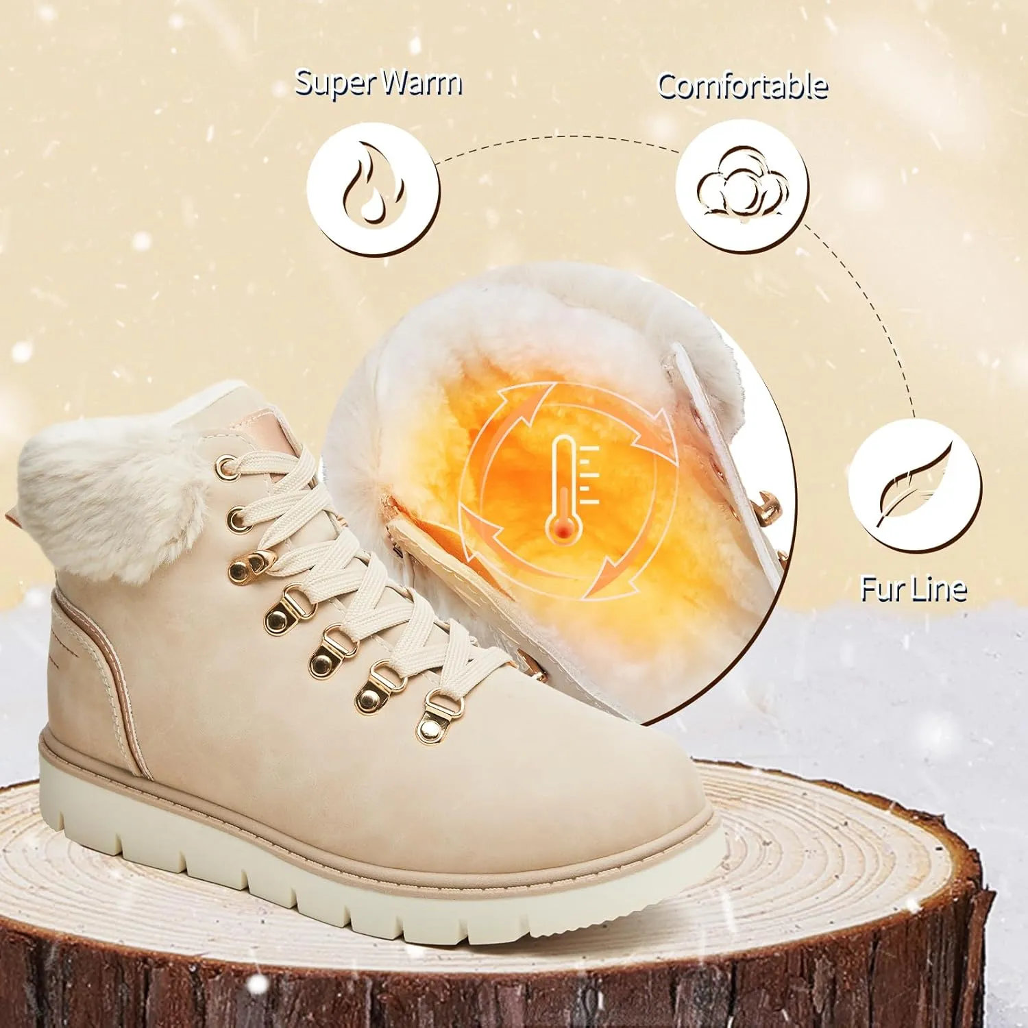 POVOGER Womens Black Combat Boots Warm Fur Lined Winter Snow Boots for Women Lace Up Side Zipper Mid-Calf Fashion Booties
