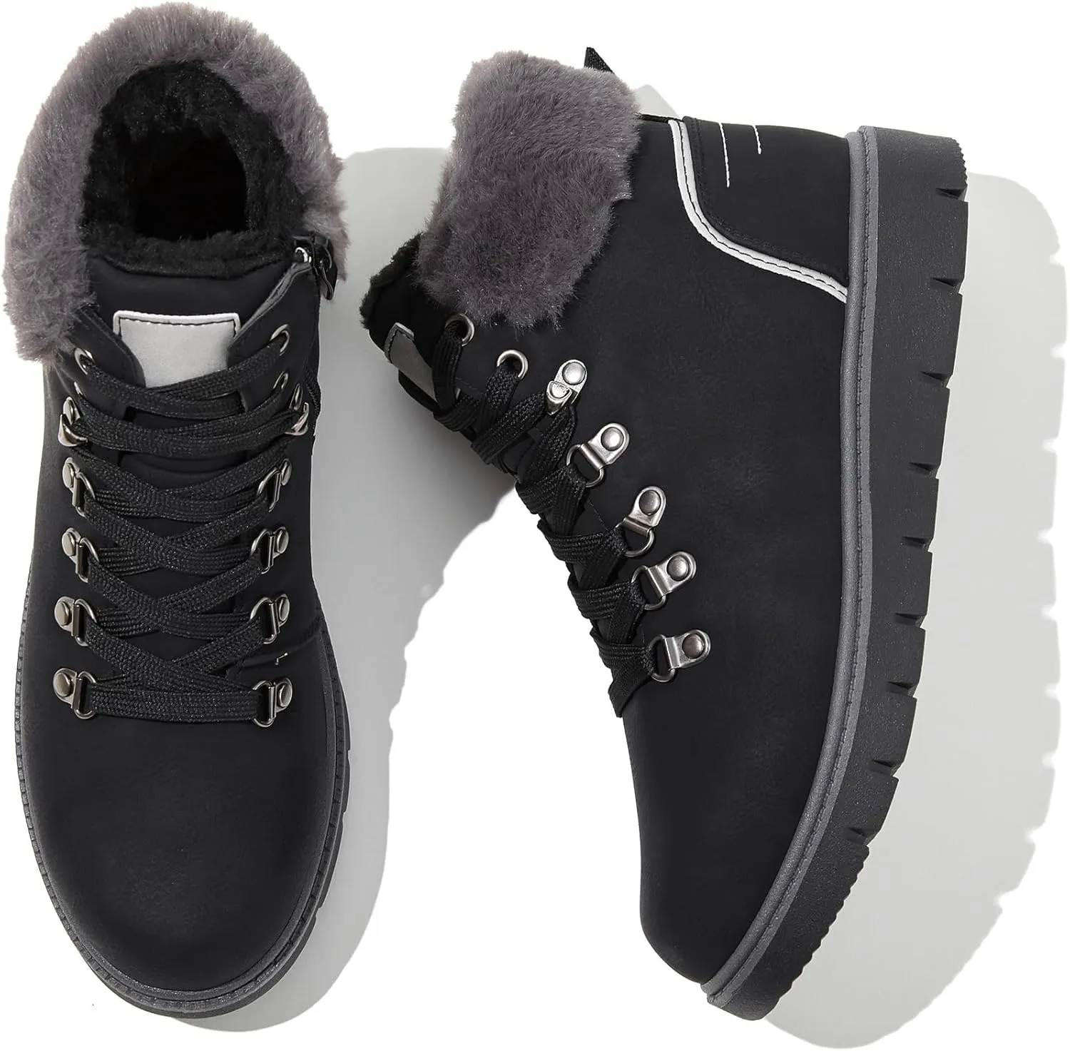 POVOGER Womens Black Combat Boots Warm Fur Lined Winter Snow Boots for Women Lace Up Side Zipper Mid-Calf Fashion Booties
