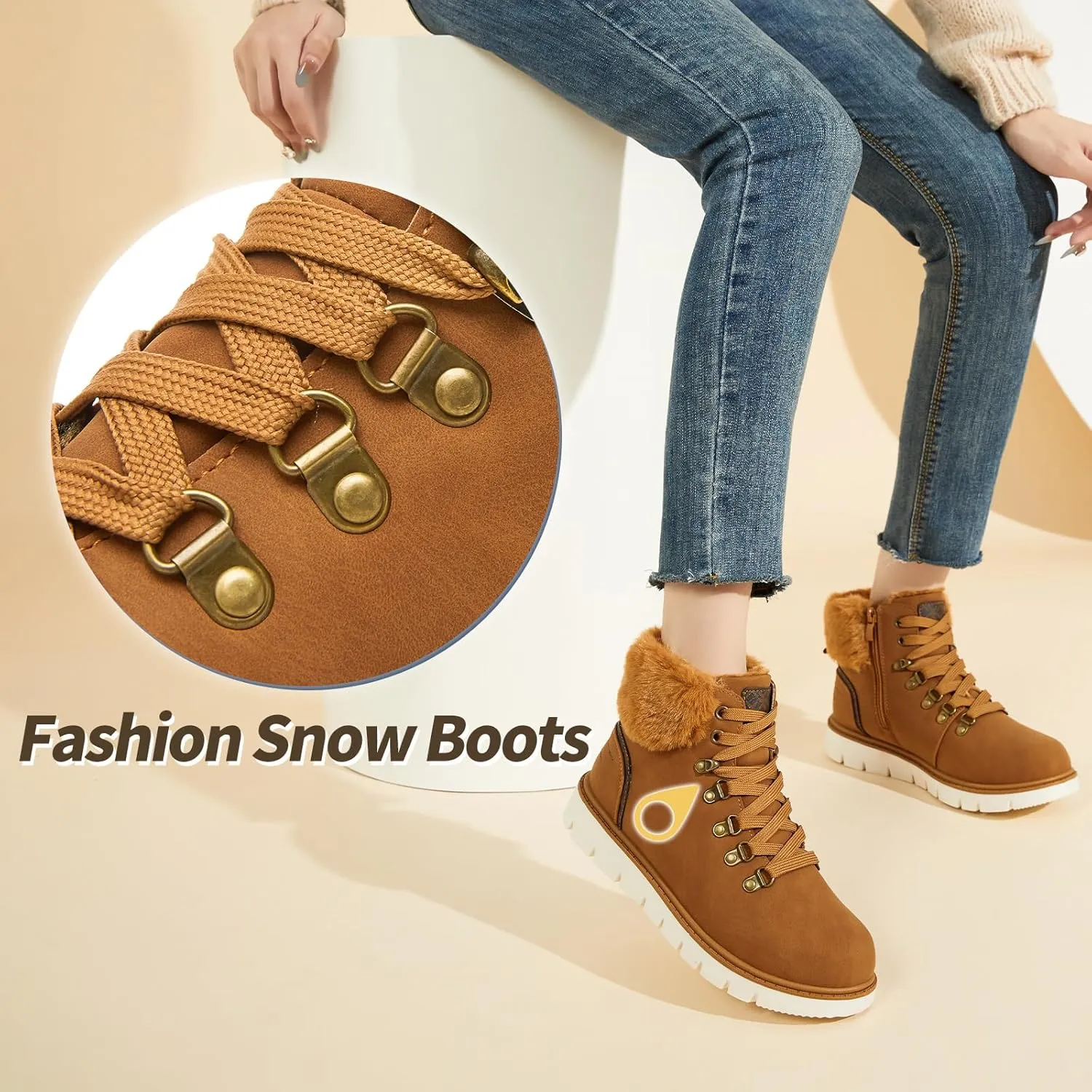 POVOGER Womens Black Combat Boots Warm Fur Lined Winter Snow Boots for Women Lace Up Side Zipper Mid-Calf Fashion Booties