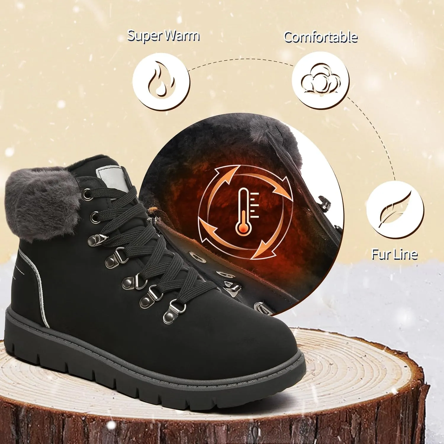 POVOGER Womens Black Combat Boots Warm Fur Lined Winter Snow Boots for Women Lace Up Side Zipper Mid-Calf Fashion Booties