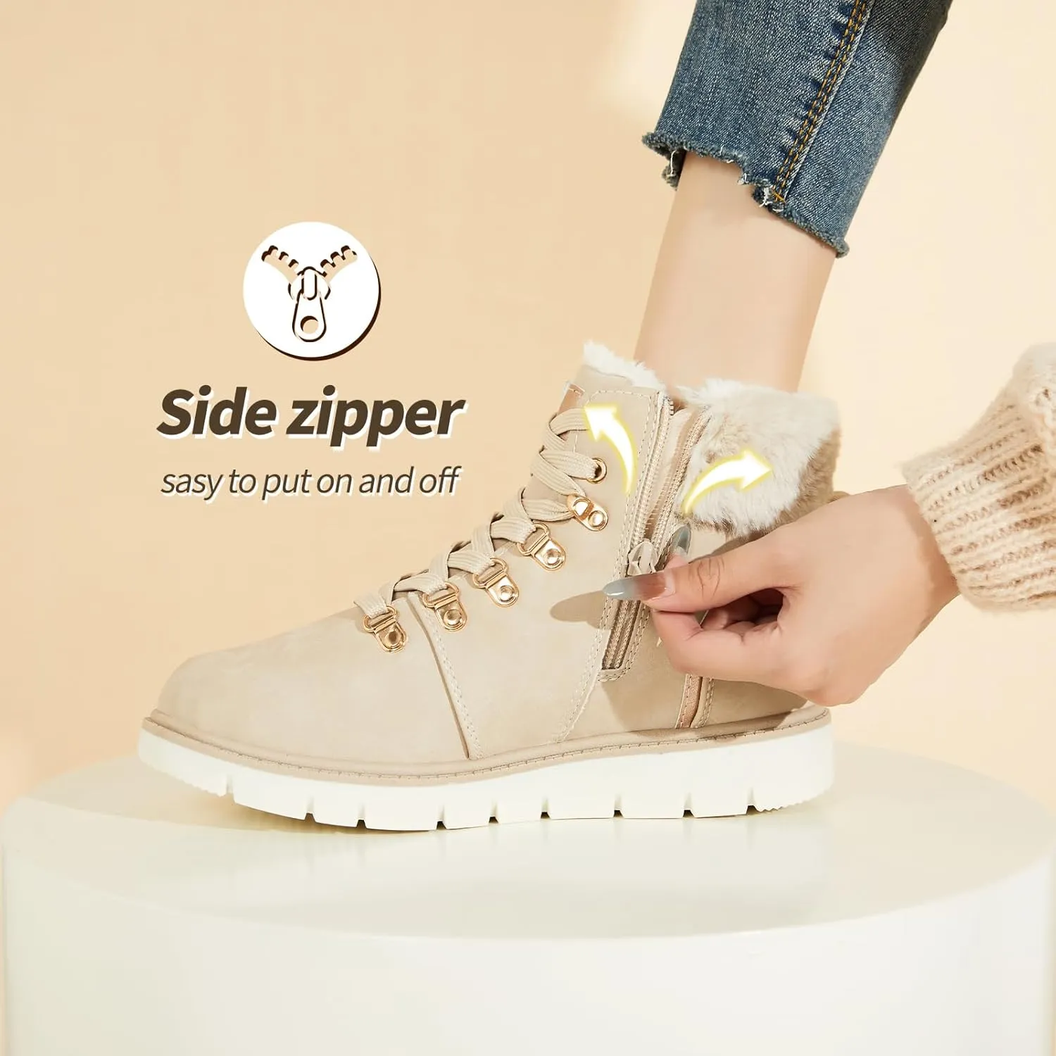 POVOGER Womens Black Combat Boots Warm Fur Lined Winter Snow Boots for Women Lace Up Side Zipper Mid-Calf Fashion Booties
