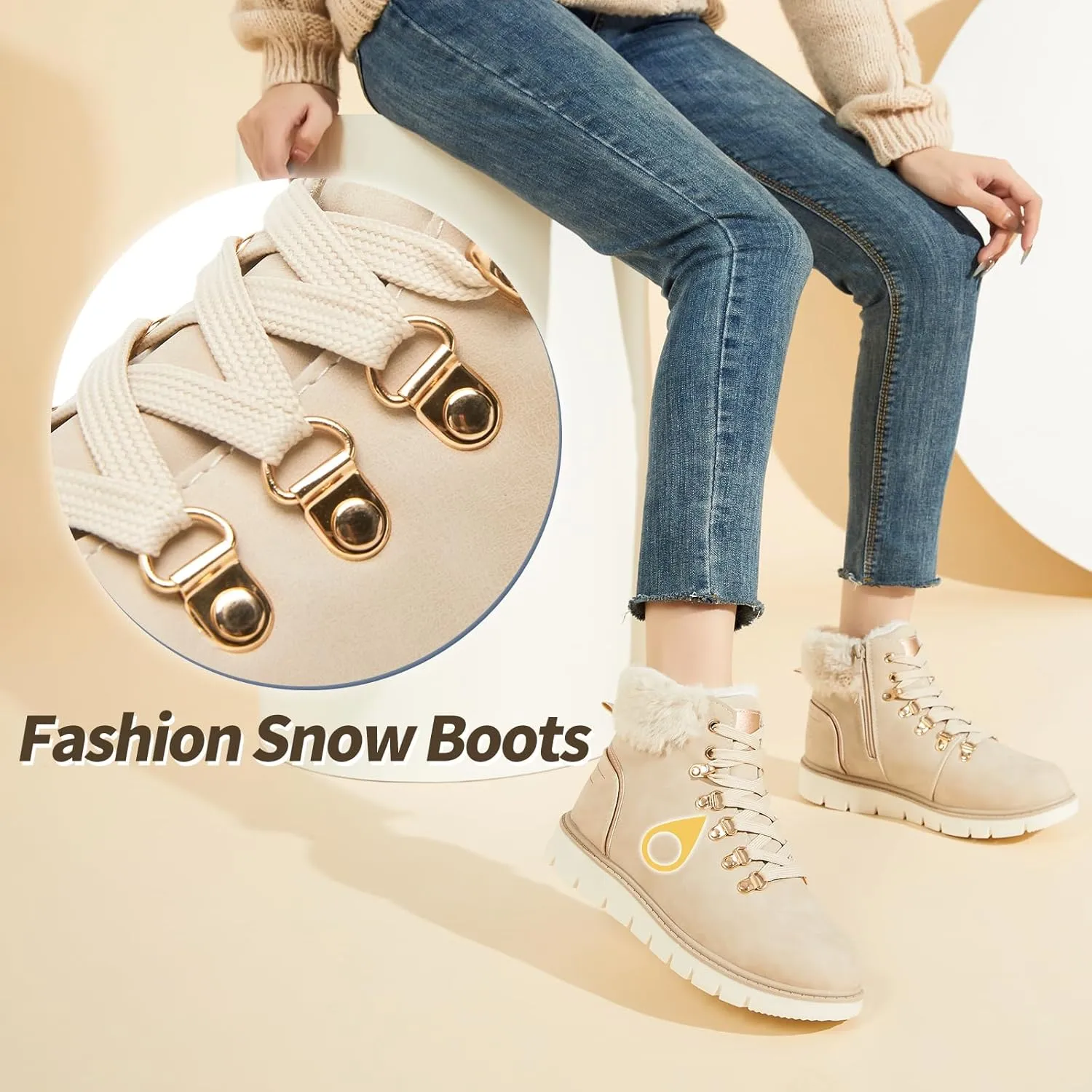 POVOGER Womens Black Combat Boots Warm Fur Lined Winter Snow Boots for Women Lace Up Side Zipper Mid-Calf Fashion Booties