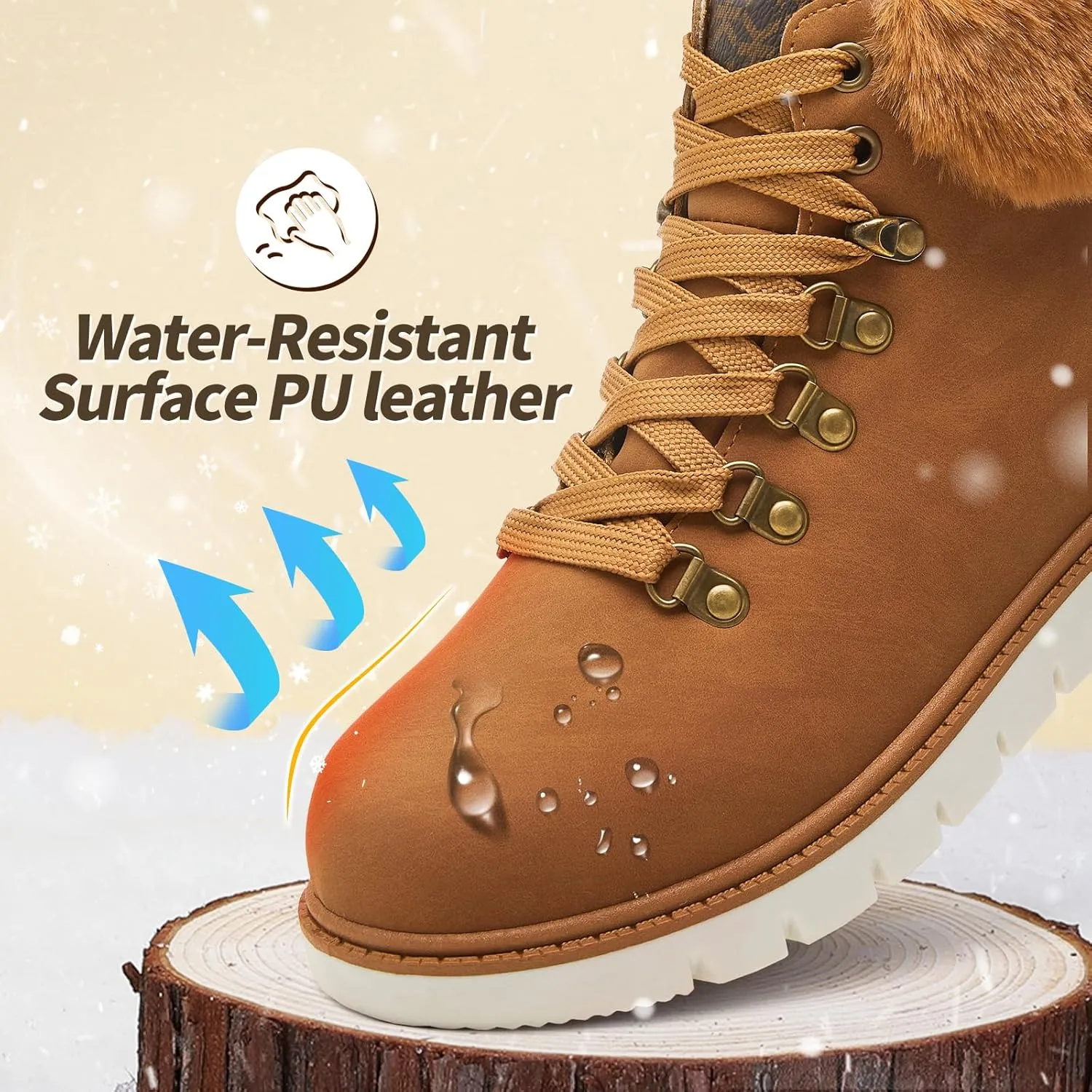POVOGER Womens Black Combat Boots Warm Fur Lined Winter Snow Boots for Women Lace Up Side Zipper Mid-Calf Fashion Booties