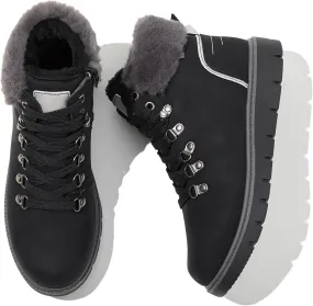 POVOGER Womens Black Combat Boots Warm Fur Lined Winter Snow Boots for Women Lace Up Side Zipper Mid-Calf Fashion Booties