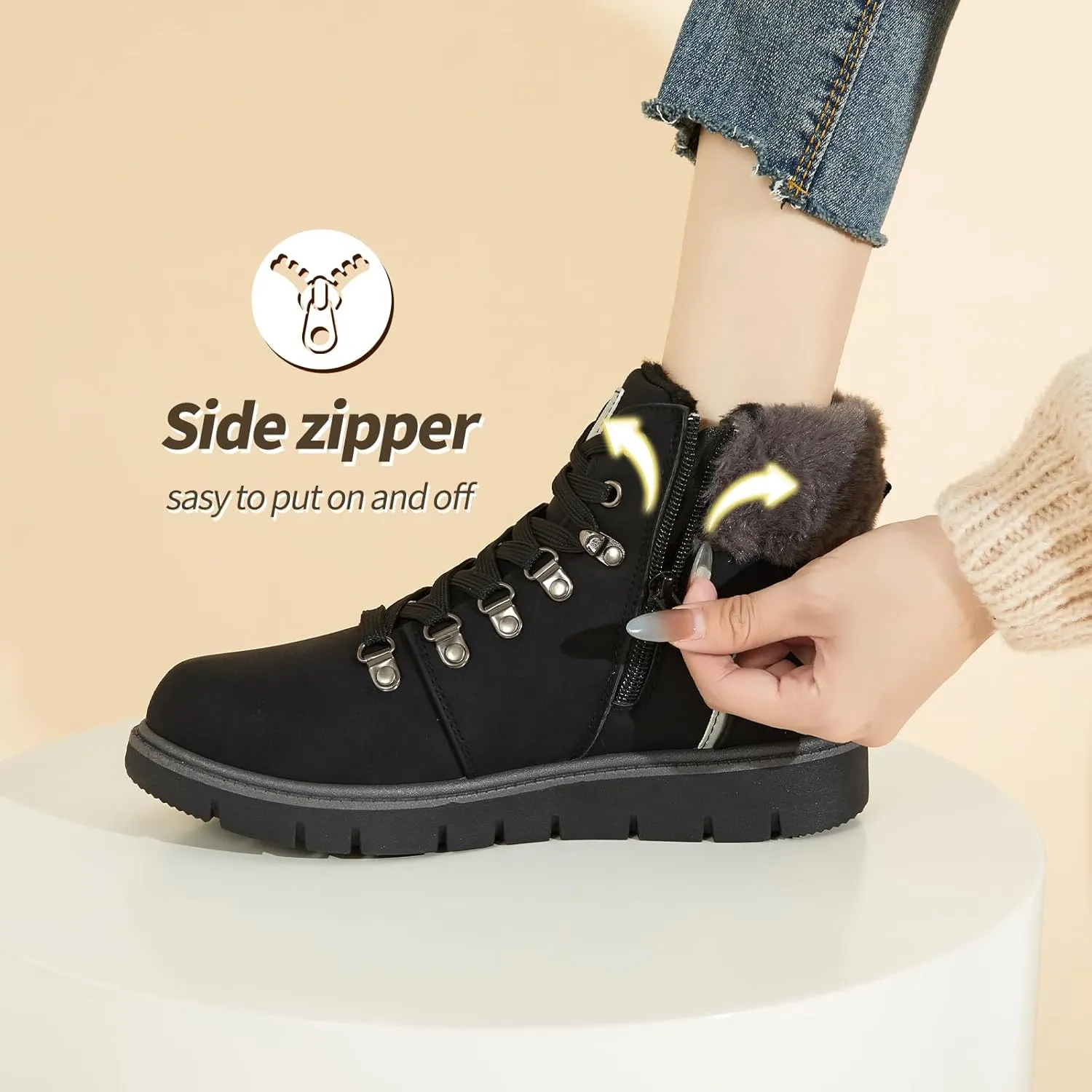 POVOGER Womens Black Combat Boots Warm Fur Lined Winter Snow Boots for Women Lace Up Side Zipper Mid-Calf Fashion Booties