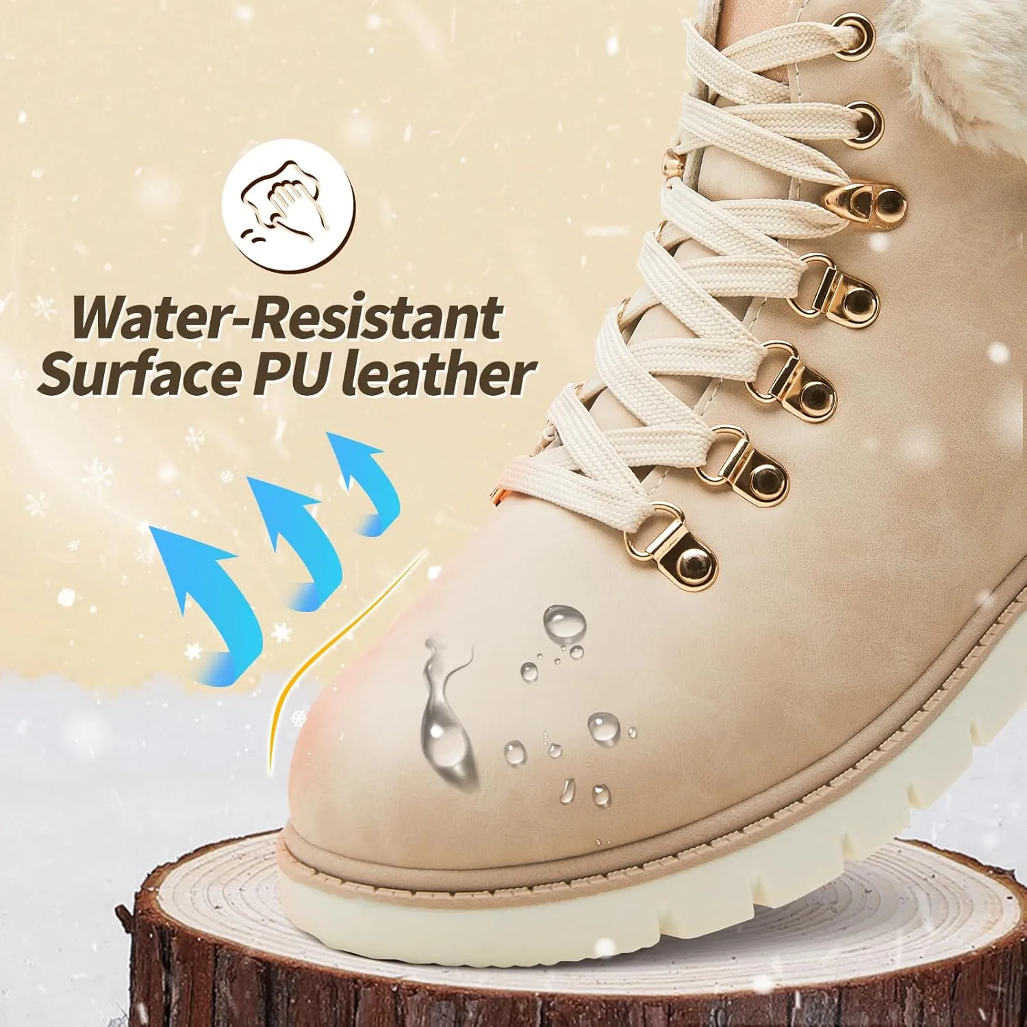 POVOGER Womens Black Combat Boots Warm Fur Lined Winter Snow Boots for Women Lace Up Side Zipper Mid-Calf Fashion Booties