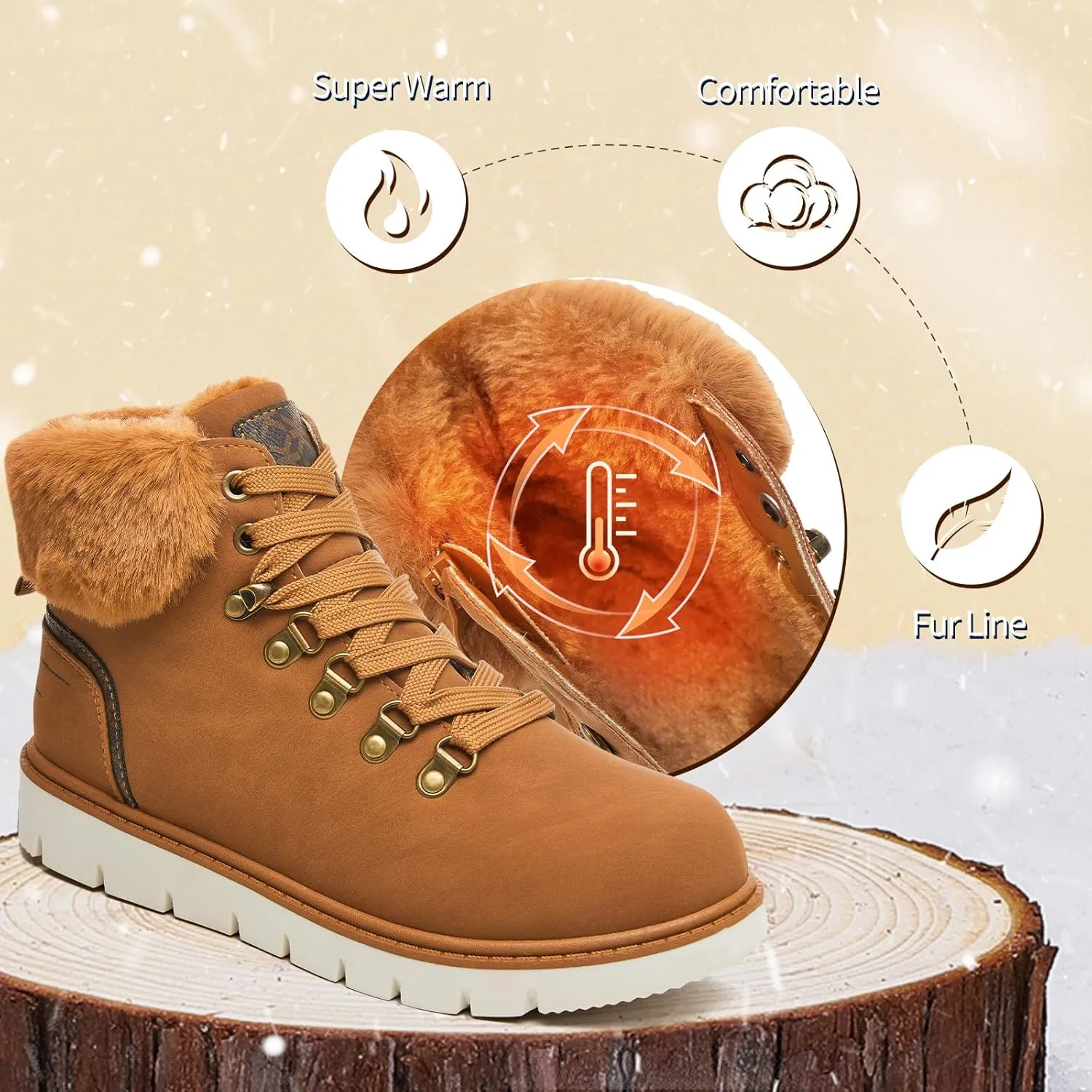 POVOGER Womens Black Combat Boots Warm Fur Lined Winter Snow Boots for Women Lace Up Side Zipper Mid-Calf Fashion Booties