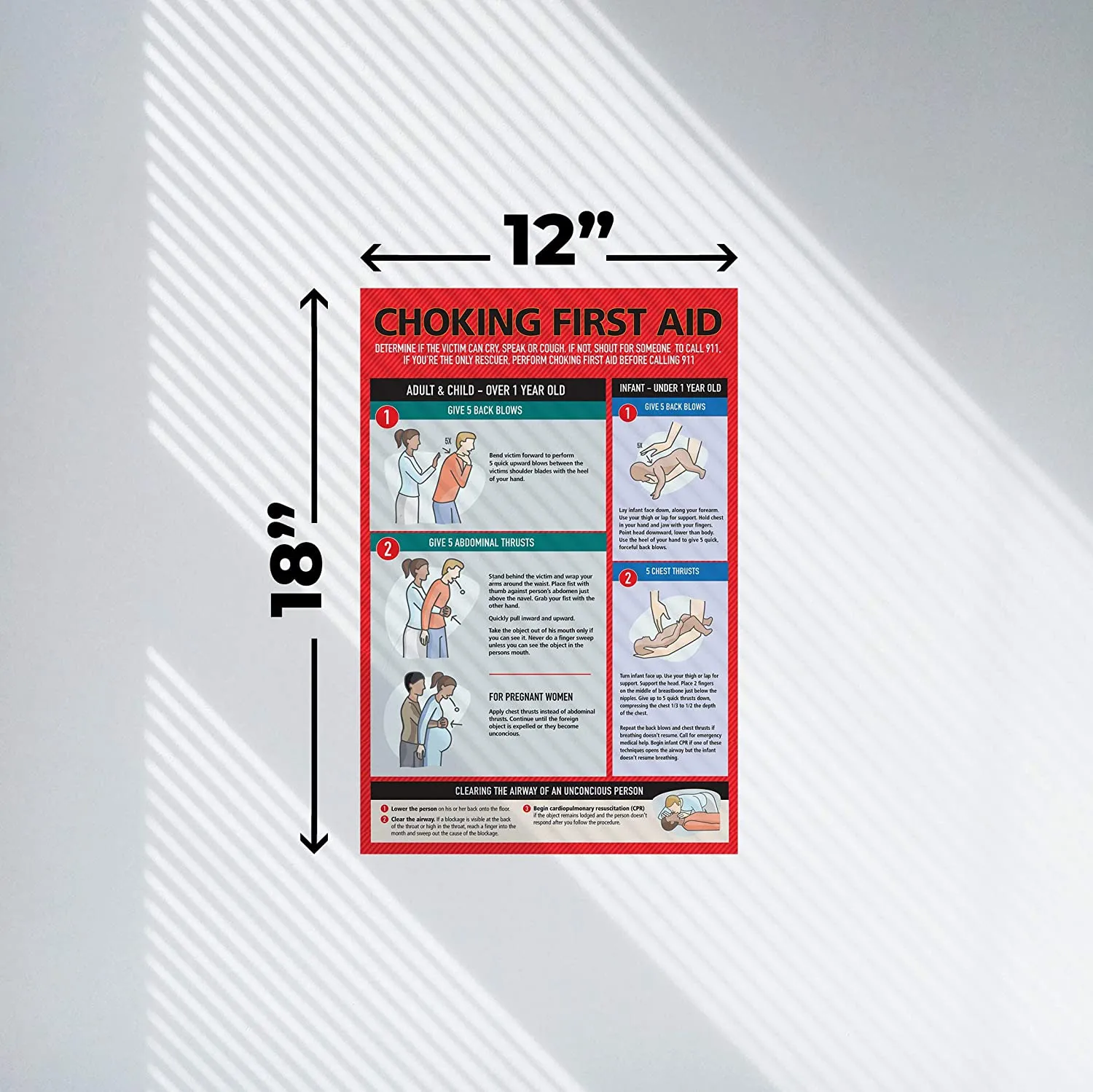 Safety Choking Victim Guide, First Aid Poster for Infants, Kids, Those Pregnant, and Adults, Laminated