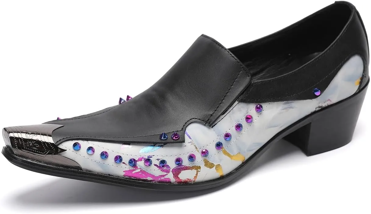 Santimon Men's Dress Casual Penny Loafers - Genuine Leather Slip On Mocasines Western Shoes with Metal-Tip Toe & Rainbow Beads for Wedding, Prom Ballroom & Party