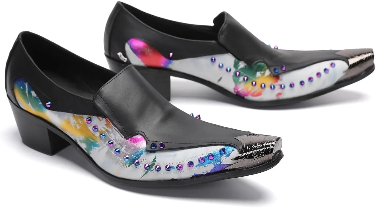 Santimon Men's Dress Casual Penny Loafers - Genuine Leather Slip On Mocasines Western Shoes with Metal-Tip Toe & Rainbow Beads for Wedding, Prom Ballroom & Party