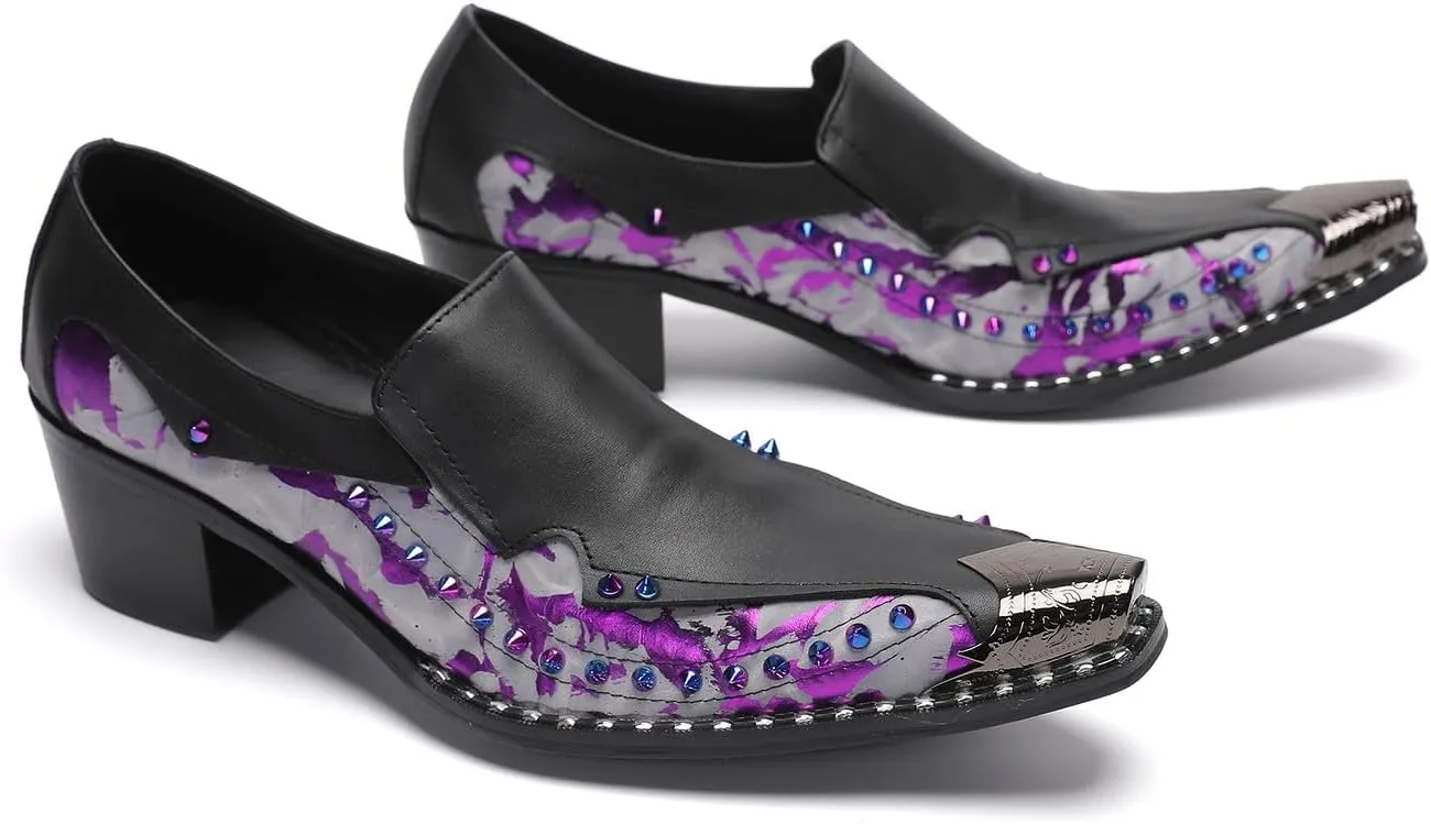 Santimon Men's Dress Casual Penny Loafers - Genuine Leather Slip On Mocasines Western Shoes with Metal-Tip Toe & Rainbow Beads for Wedding, Prom Ballroom & Party