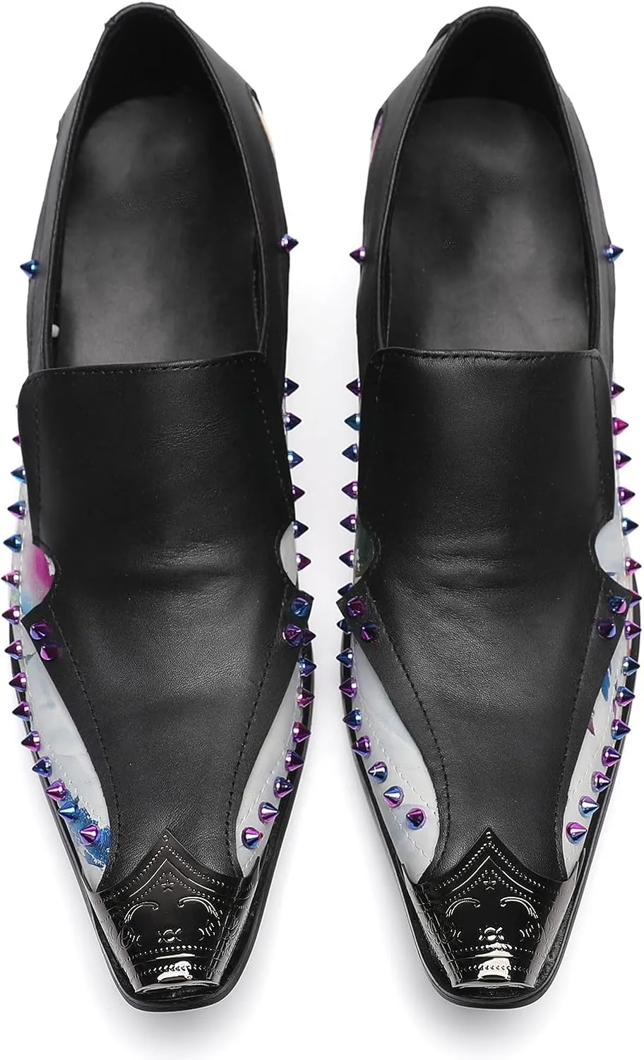Santimon Men's Dress Casual Penny Loafers - Genuine Leather Slip On Mocasines Western Shoes with Metal-Tip Toe & Rainbow Beads for Wedding, Prom Ballroom & Party