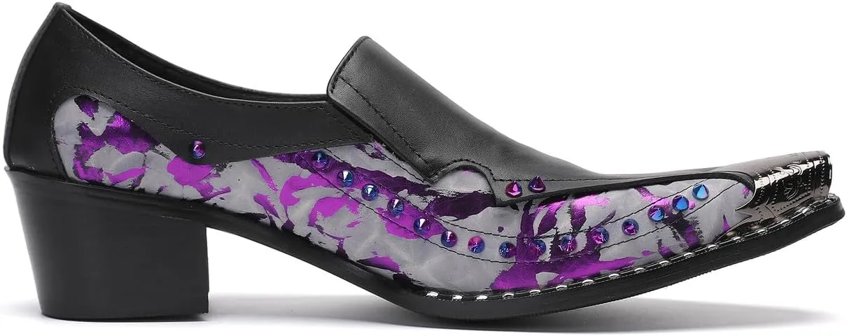Santimon Men's Dress Casual Penny Loafers - Genuine Leather Slip On Mocasines Western Shoes with Metal-Tip Toe & Rainbow Beads for Wedding, Prom Ballroom & Party