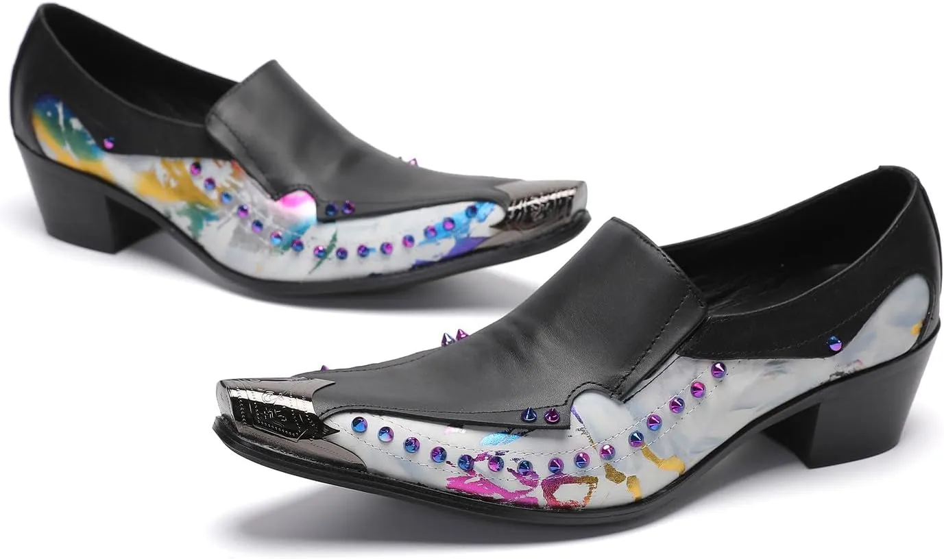Santimon Men's Dress Casual Penny Loafers - Genuine Leather Slip On Mocasines Western Shoes with Metal-Tip Toe & Rainbow Beads for Wedding, Prom Ballroom & Party