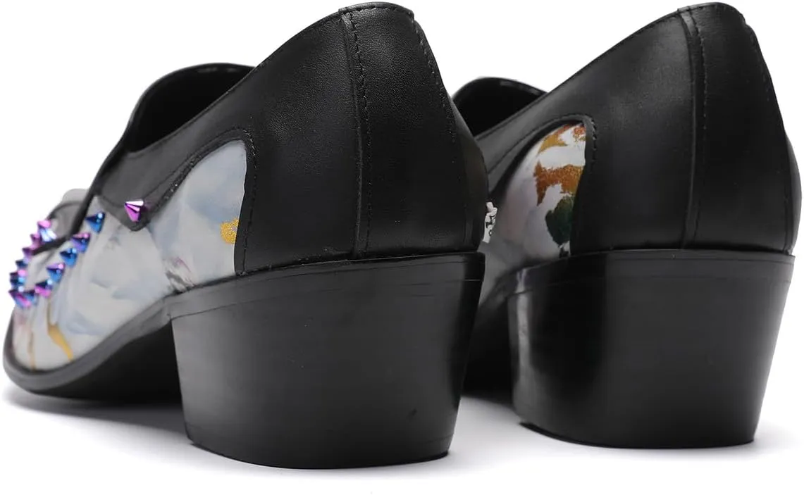 Santimon Men's Dress Casual Penny Loafers - Genuine Leather Slip On Mocasines Western Shoes with Metal-Tip Toe & Rainbow Beads for Wedding, Prom Ballroom & Party