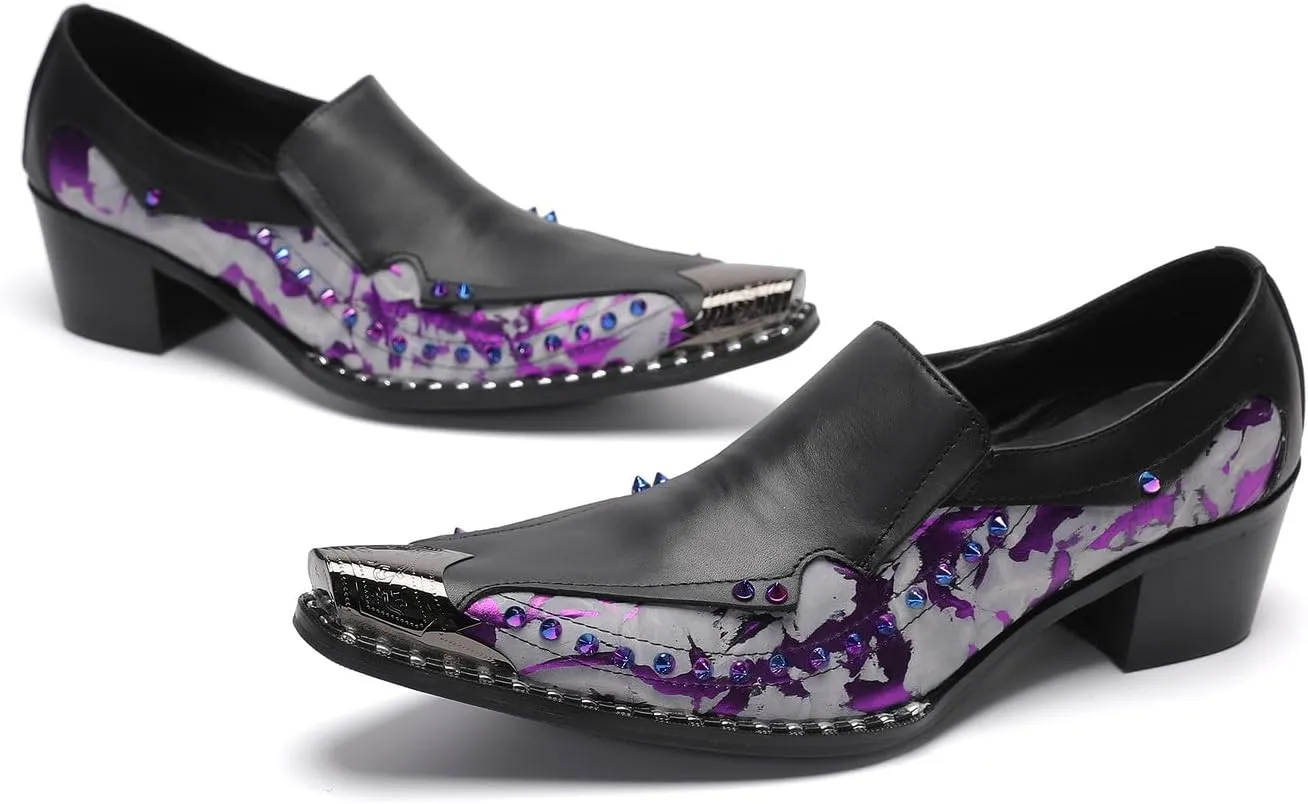 Santimon Men's Dress Casual Penny Loafers - Genuine Leather Slip On Mocasines Western Shoes with Metal-Tip Toe & Rainbow Beads for Wedding, Prom Ballroom & Party