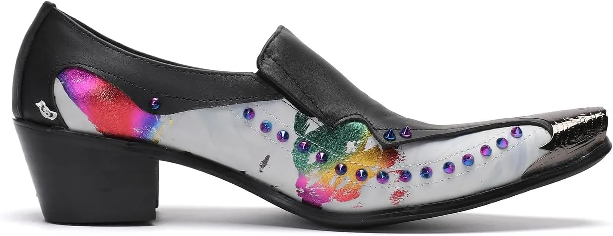 Santimon Men's Dress Casual Penny Loafers - Genuine Leather Slip On Mocasines Western Shoes with Metal-Tip Toe & Rainbow Beads for Wedding, Prom Ballroom & Party