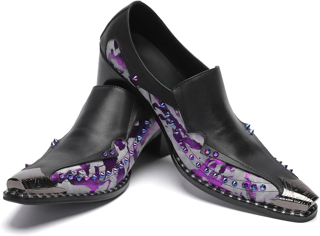 Santimon Men's Dress Casual Penny Loafers - Genuine Leather Slip On Mocasines Western Shoes with Metal-Tip Toe & Rainbow Beads for Wedding, Prom Ballroom & Party